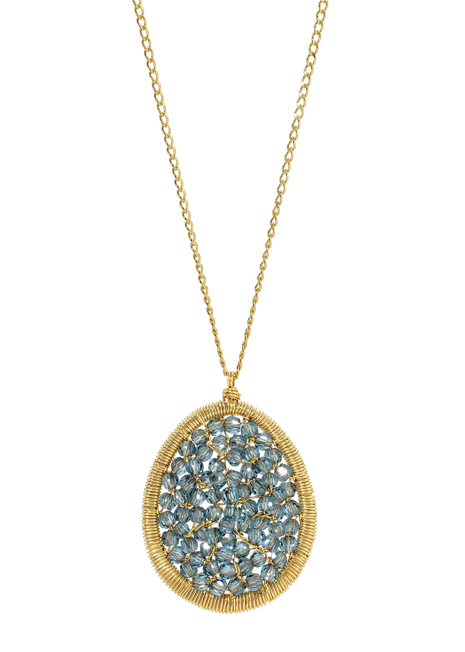 Denim blue crystal egg mosaic necklace in 14k gold fill with a hand wire-wrapped oval pendant on a delicate curb chain.