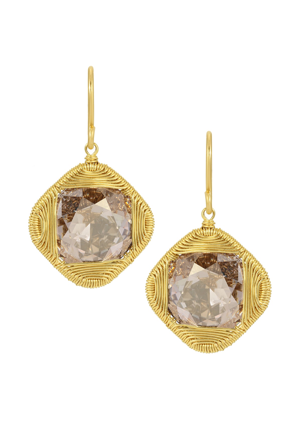 Diamanté earrings with faceted crystals in hand wire-wrapped 14k gold fill, square shape, 1-1/16 inches long.