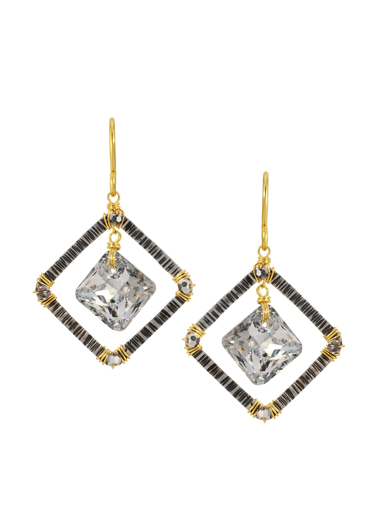 Diamond crystal earrings with 14k gold fill and sterling silver, featuring hand wire-wrapped square frames.