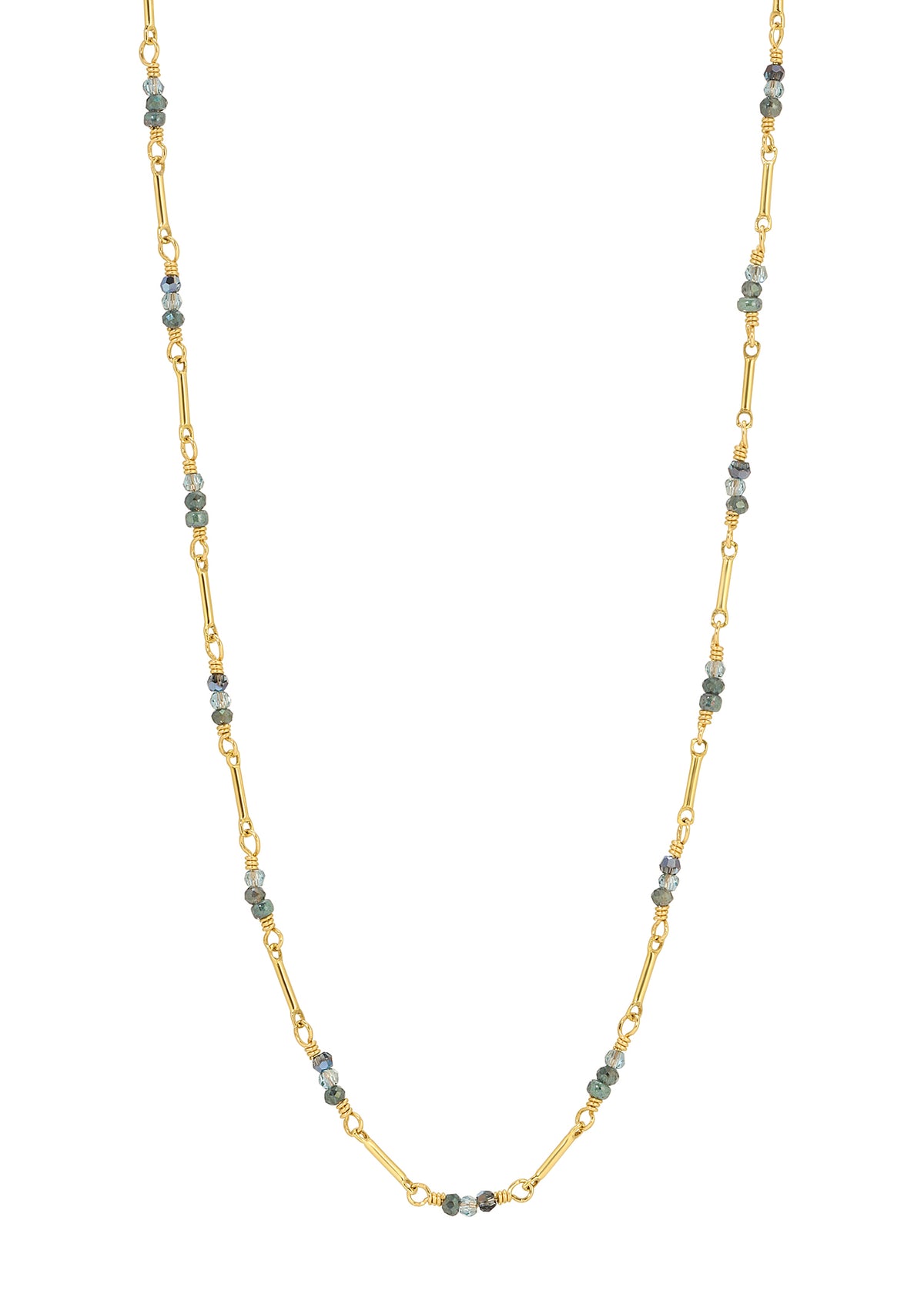 Necklace with teal crystal seed beads and 14k gold fill elongated links, hand wire-wrapped, 24-5/16 inches long.