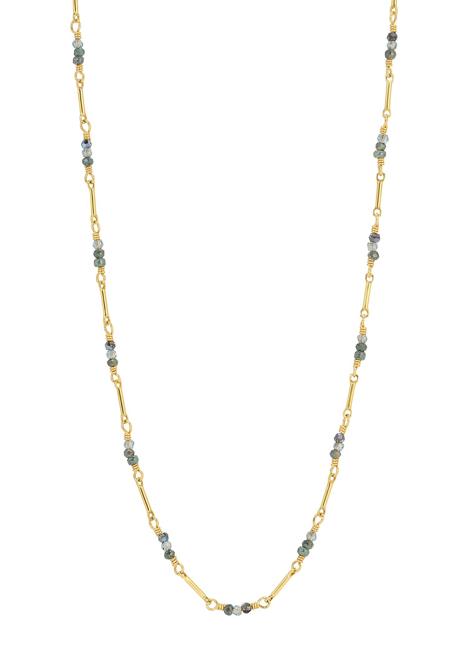 Necklace with teal crystal seed beads and 14k gold fill elongated links, hand wire-wrapped, 24-5/16 inches long.