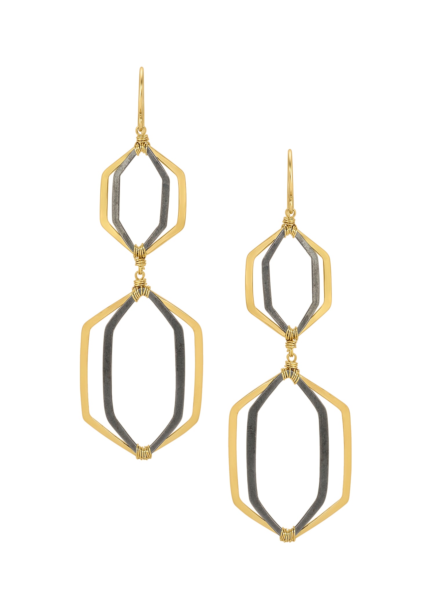 Double earrings in 14k gold fill and blackened sterling silver with hand wire-wrapped, superimposed hexagonal frames.