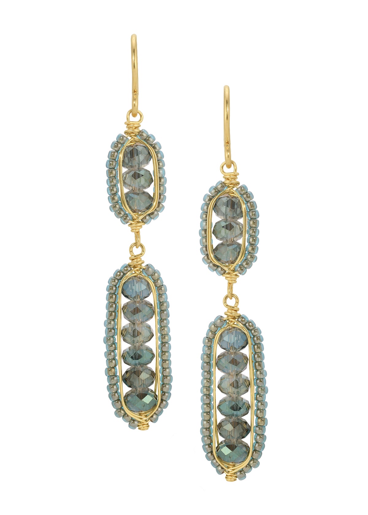 Double pod earrings with sage crystals, 14k gold fill wire, and seed beads, hand wire-wrapped in a long oval shape.