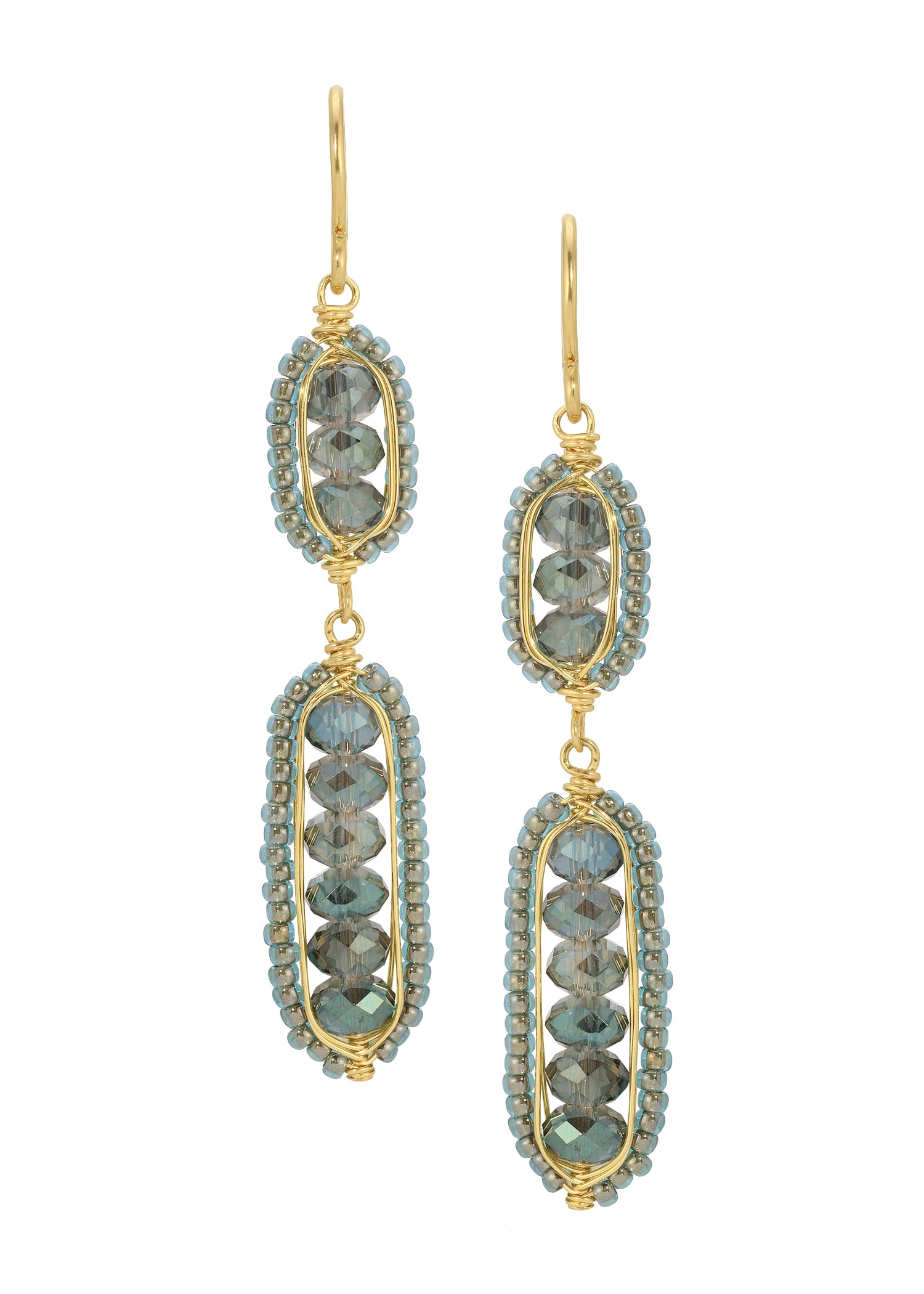 Double pod earrings with sage crystals, 14k gold fill wire, and seed beads, hand wire-wrapped in a long oval shape.