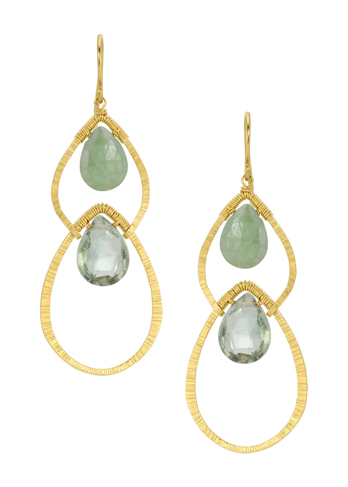 Green onyx and green quartz earrings in 14k gold fill with hand wire-wrapped teardrop frames.