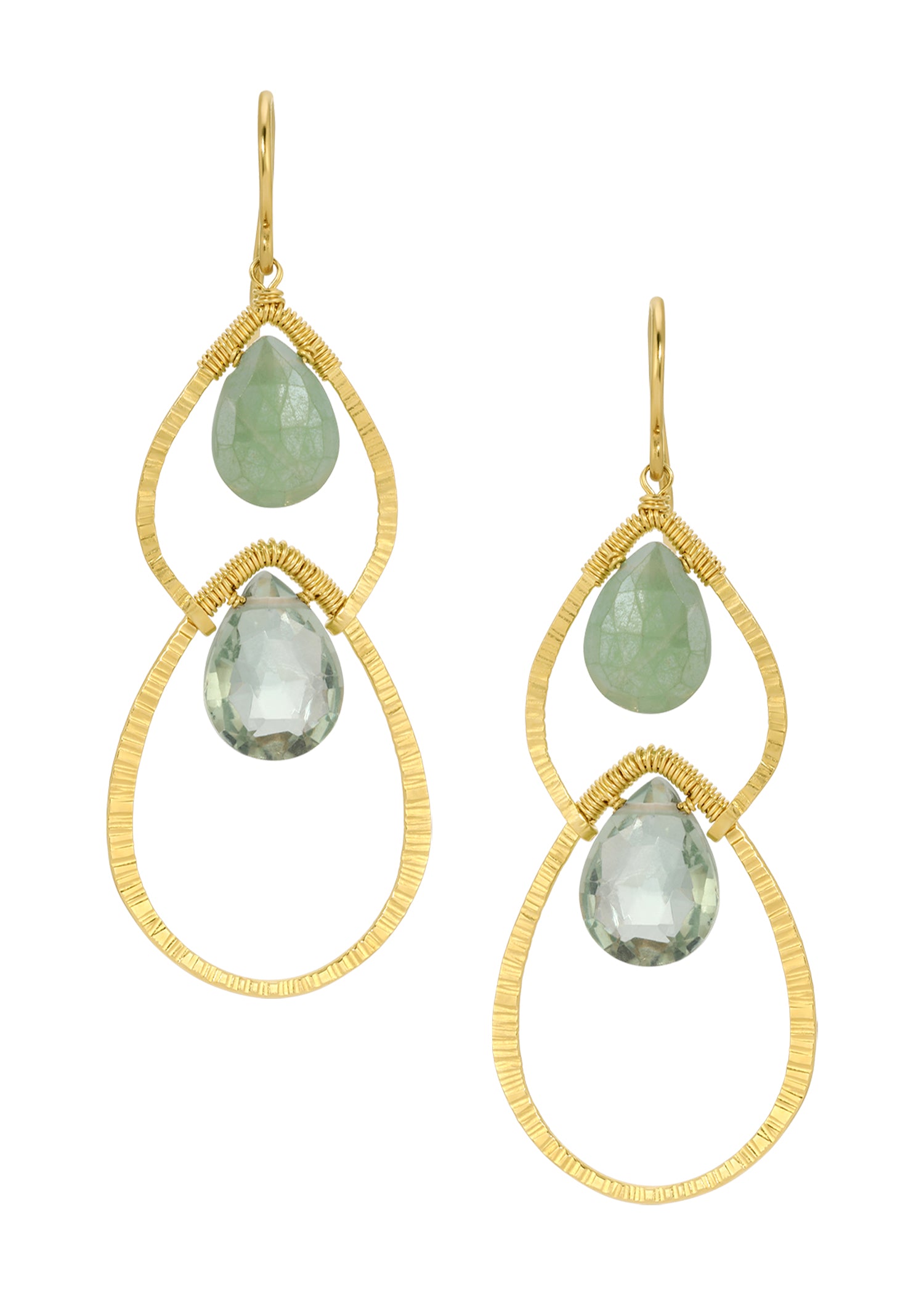 Green onyx and green quartz earrings in 14k gold fill with hand wire-wrapped teardrop frames.