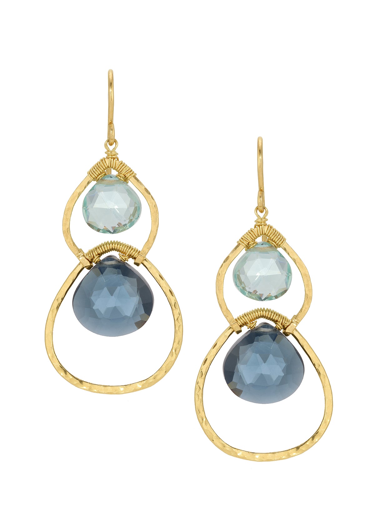 Aquamarine and London blue quartz earrings in 14k gold fill with hand wire-wrapped frames in tonal blue shades.