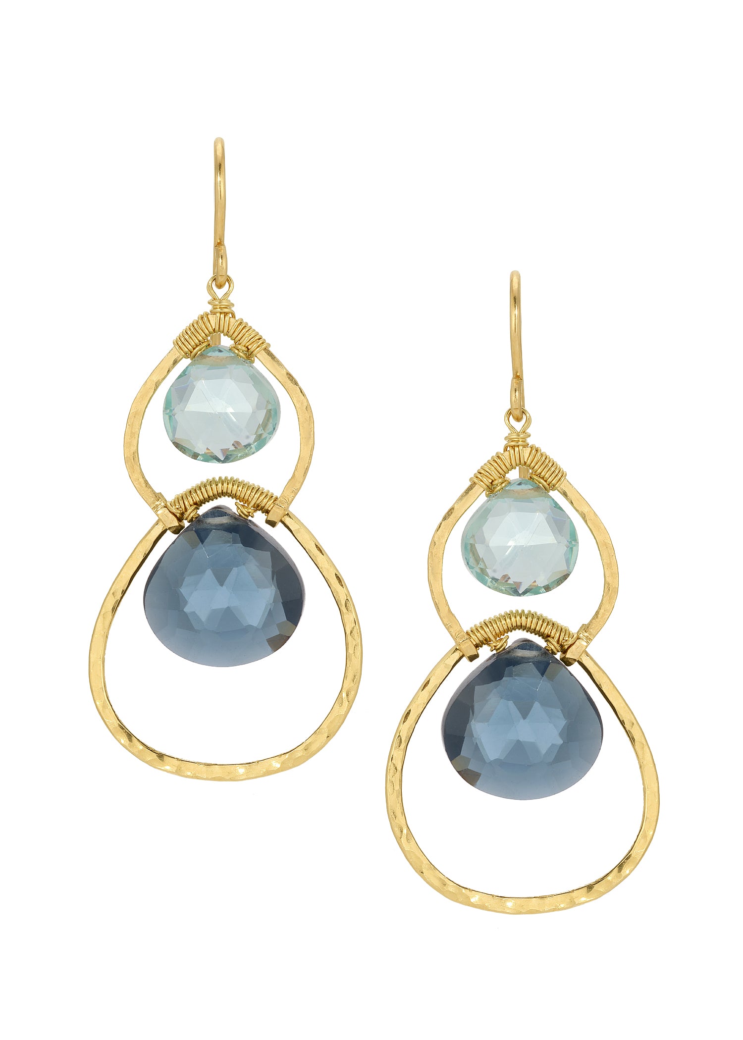 Aquamarine and London blue quartz earrings in 14k gold fill with hand wire-wrapped frames in tonal blue shades.