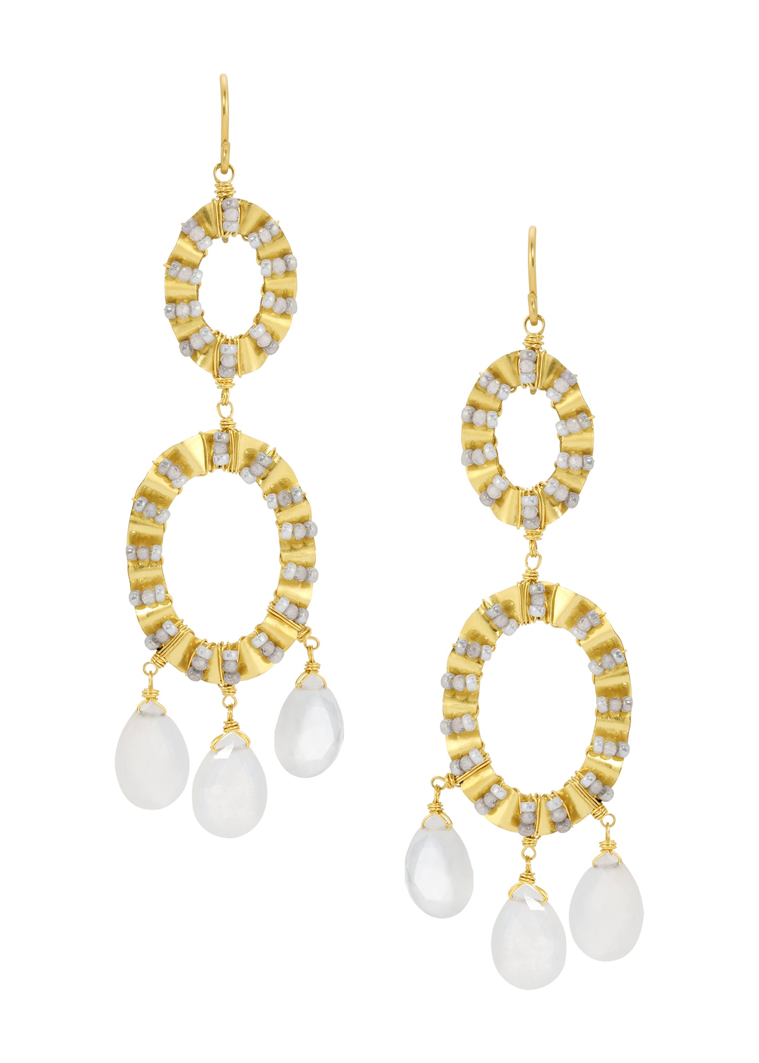 Moonstone chandelier earrings in 14k gold fill with hand wire-wrapped seed beads and faceted moonstone teardrops.
