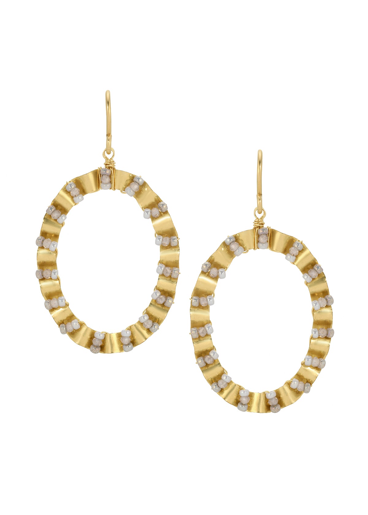 Zircon seed bead earrings in 14k gold fill with hand wire-wrapped, ruffled oval frames in soft shell tones.