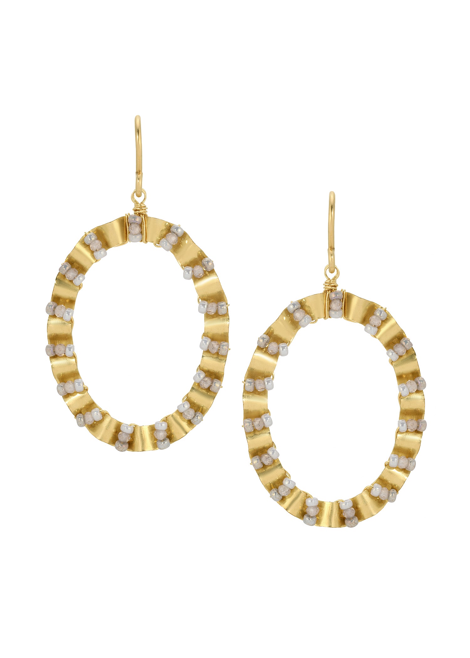 Zircon seed bead earrings in 14k gold fill with hand wire-wrapped, ruffled oval frames in soft shell tones.