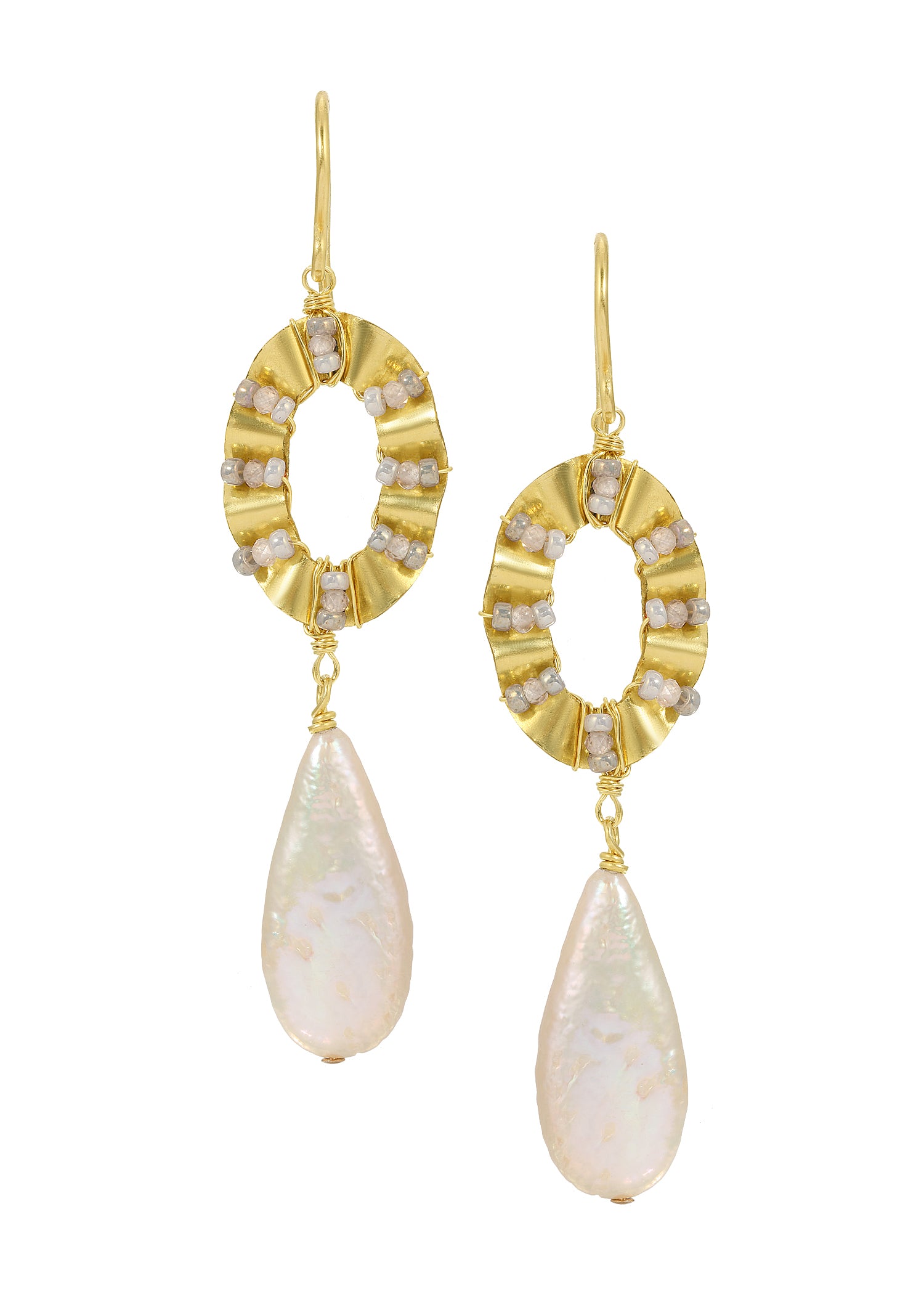 Freshwater pearl earrings with 14k gold fill, shell-toned seed beads, and hand-ruffled frames on white background.
