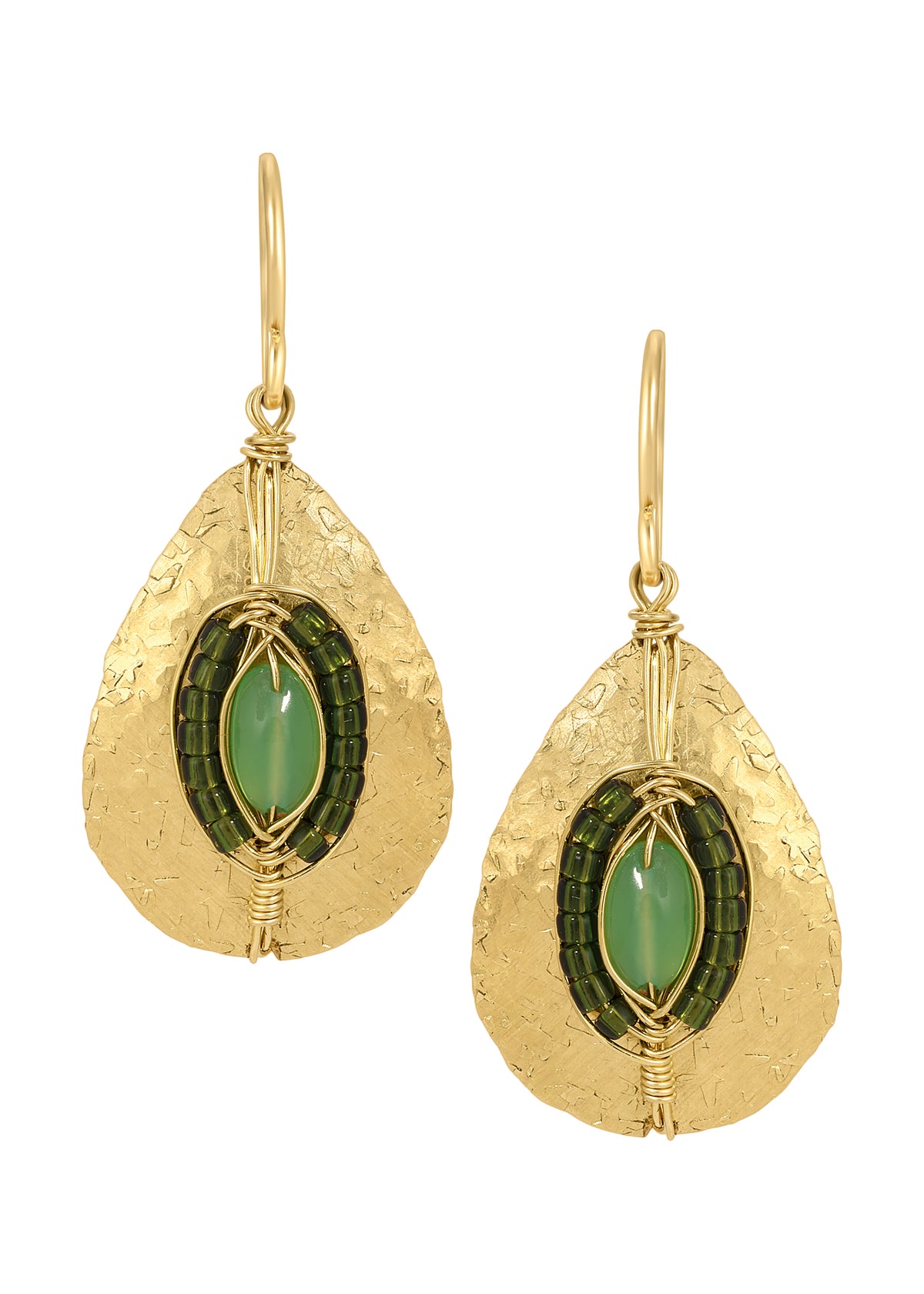 Chrysoprase chalcedony earrings in 14k gold fill with hand wire-wrapped green seed beads on hammered teardrop shields.