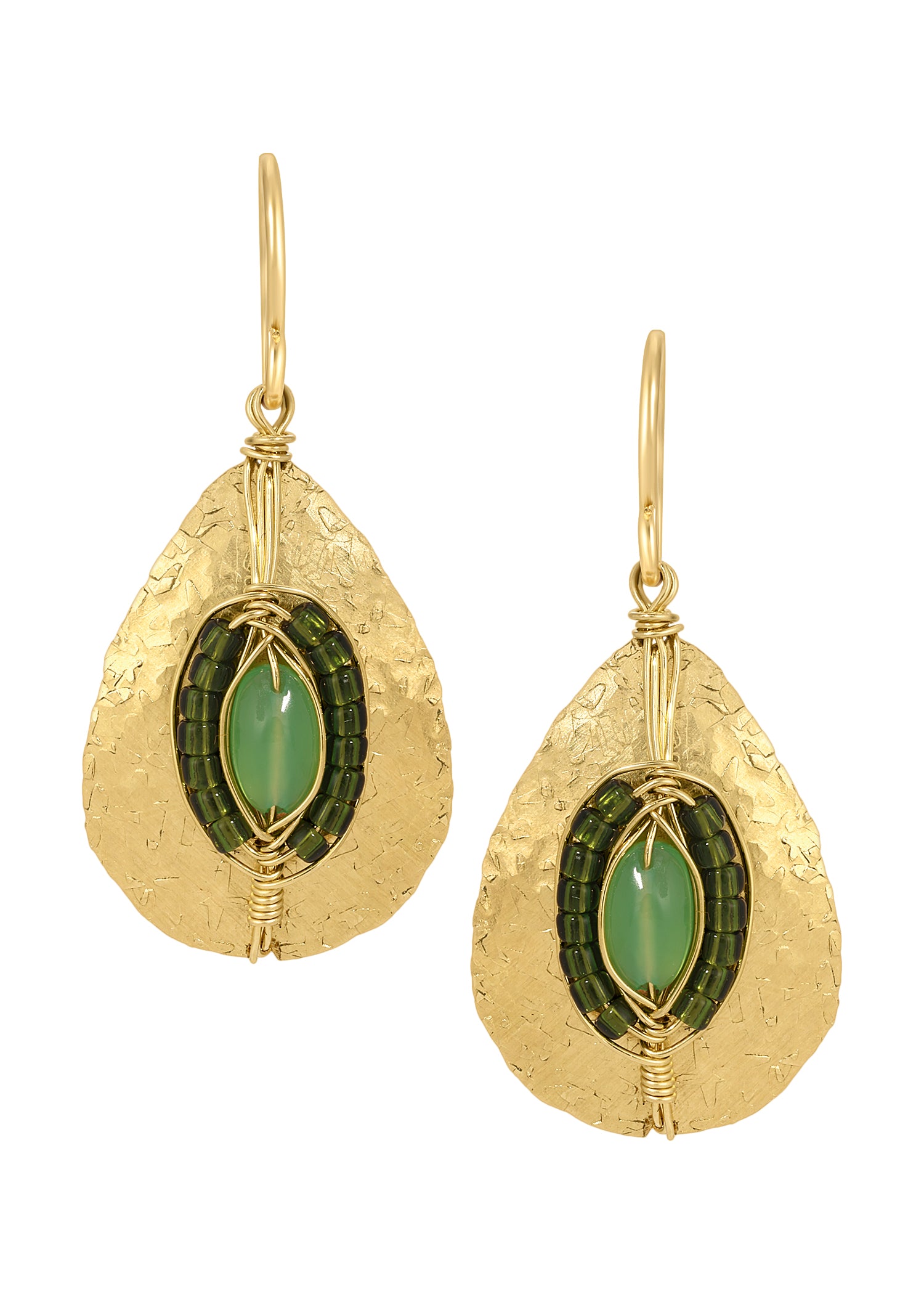 Chrysoprase chalcedony earrings in 14k gold fill with hand wire-wrapped green seed beads on hammered teardrop shields.