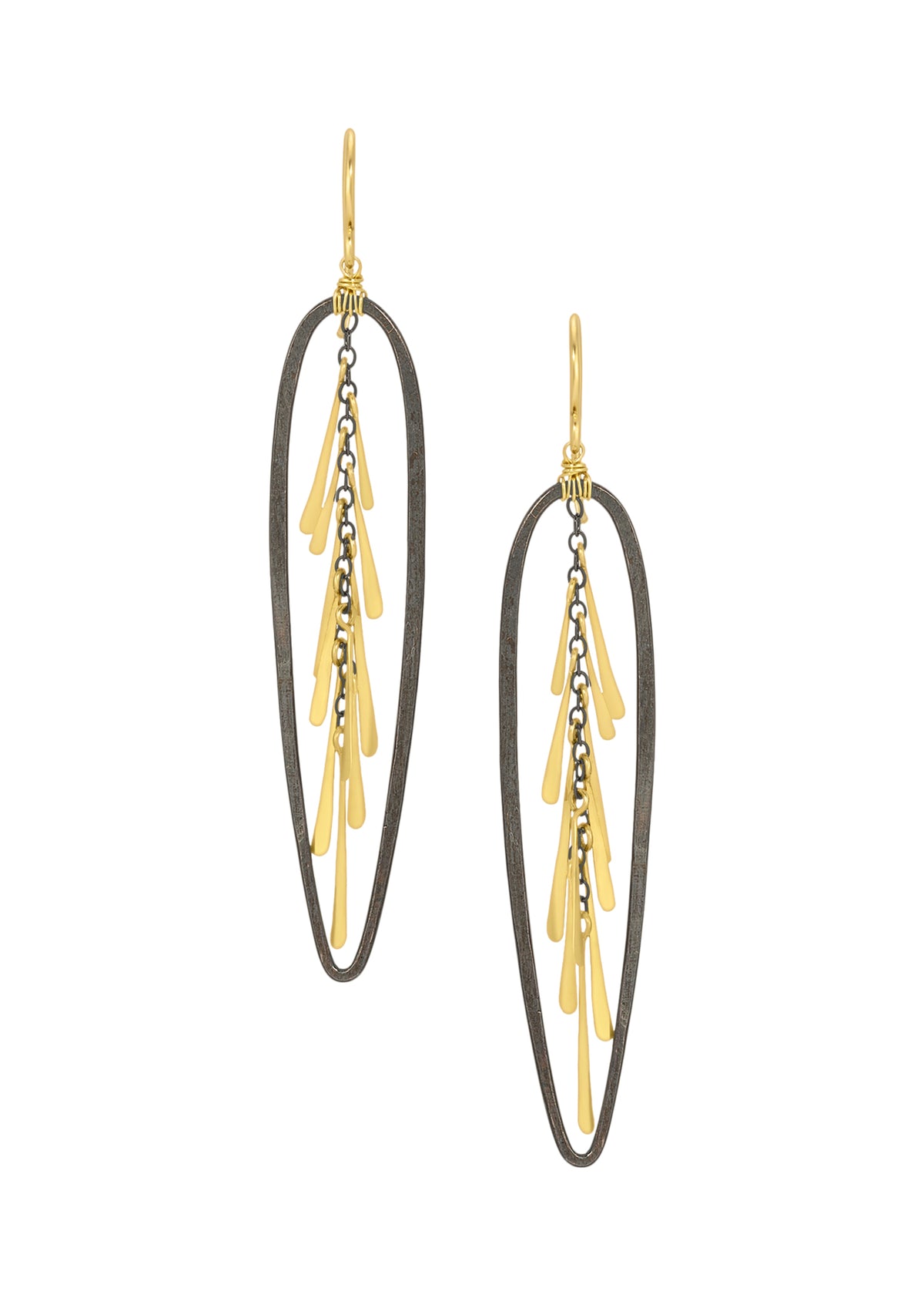Feather earrings in 14k gold fill and blackened sterling silver with hand wire-wrapped drops in inverted teardrop hoops.