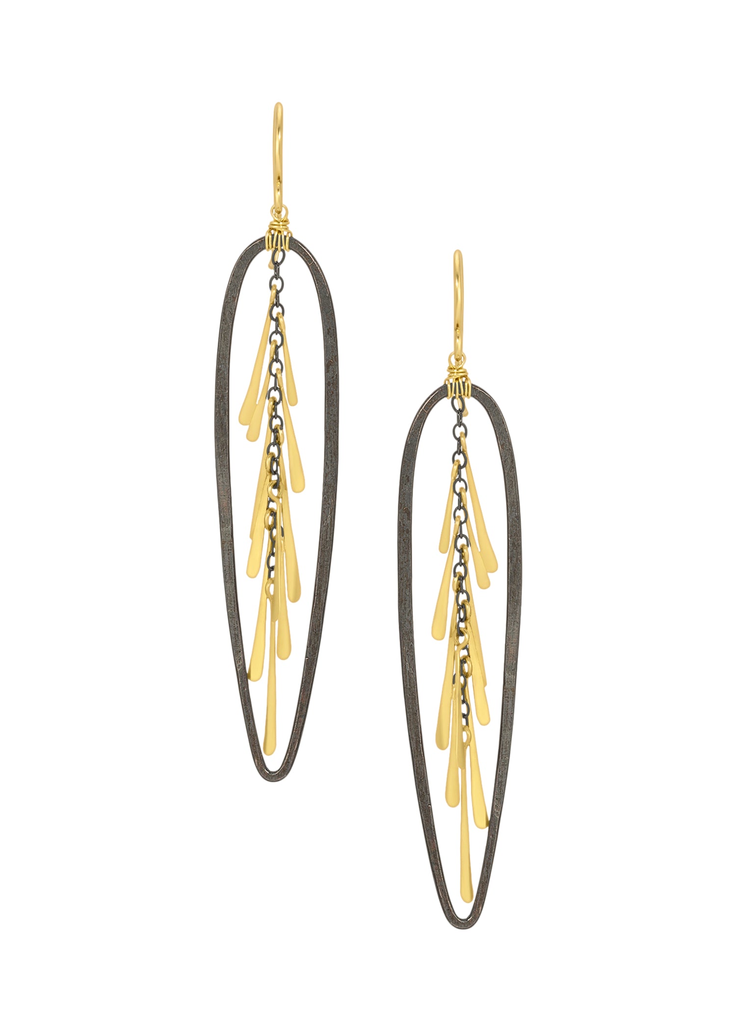 Feather earrings in 14k gold fill and blackened sterling silver with hand wire-wrapped drops in inverted teardrop hoops.