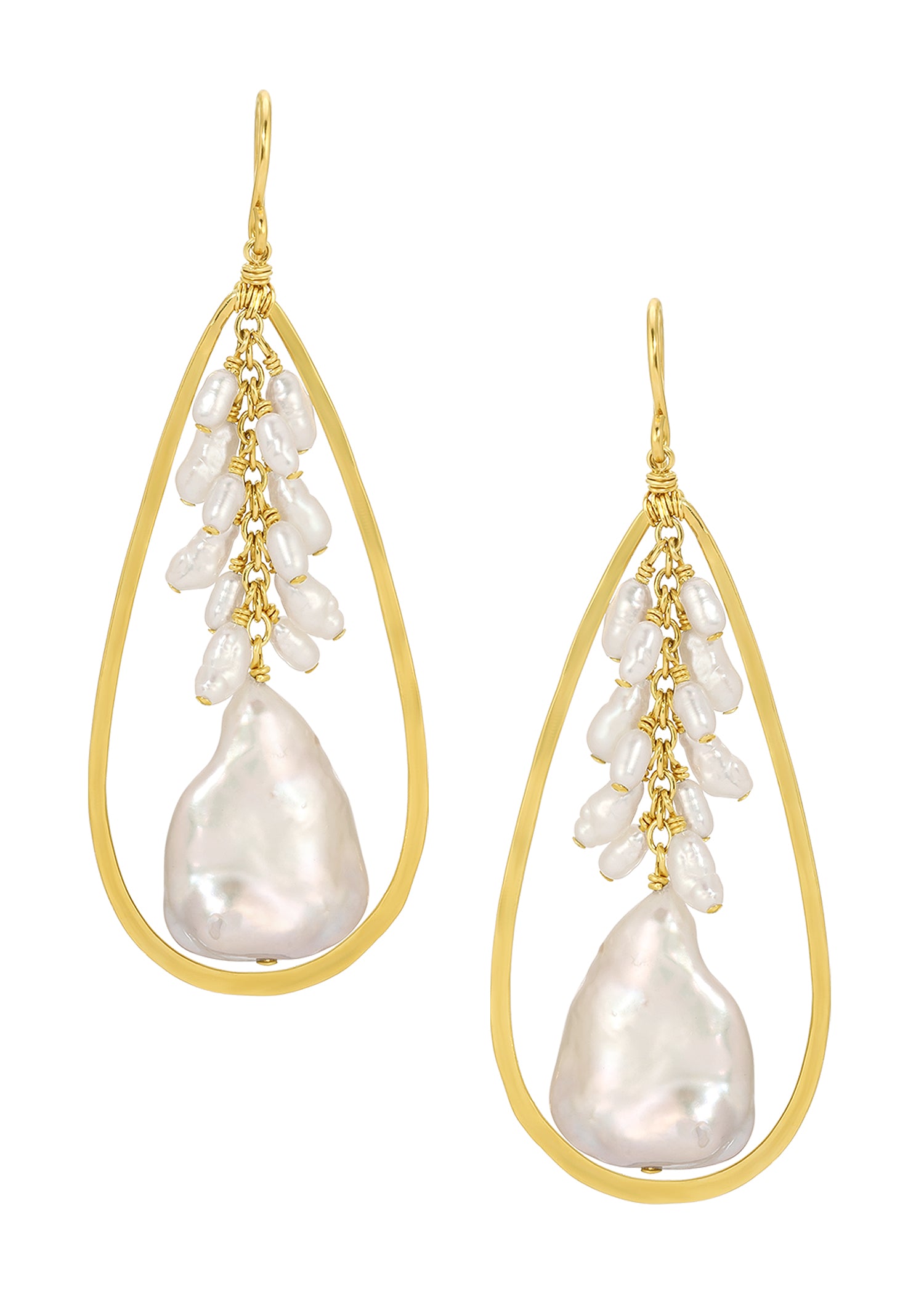 Freshwater pearl tassel earrings in 14k gold fill with hand wire-wrapped rice and coin pearls in teardrop frames.
