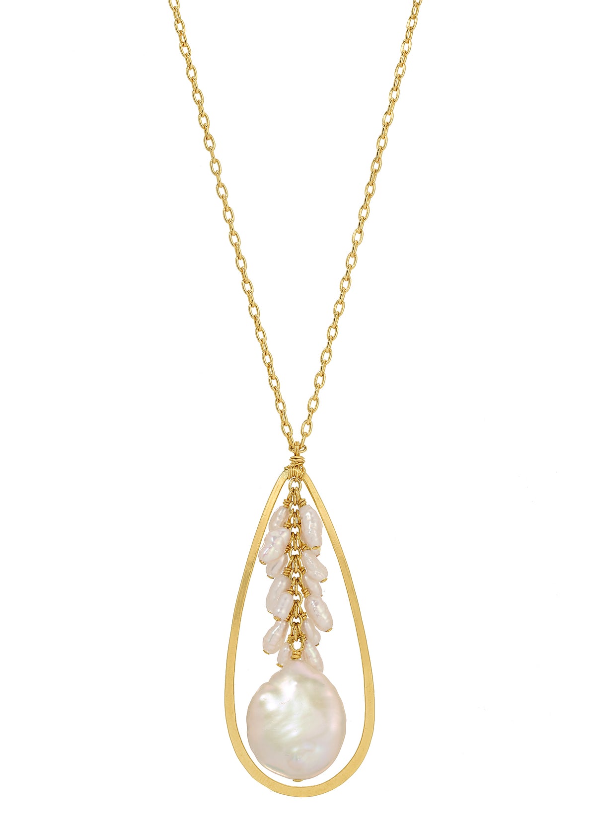 Freshwater pearl tassel necklace in 14k gold fill with cascading rice pearls and a coin pearl in a teardrop frame.