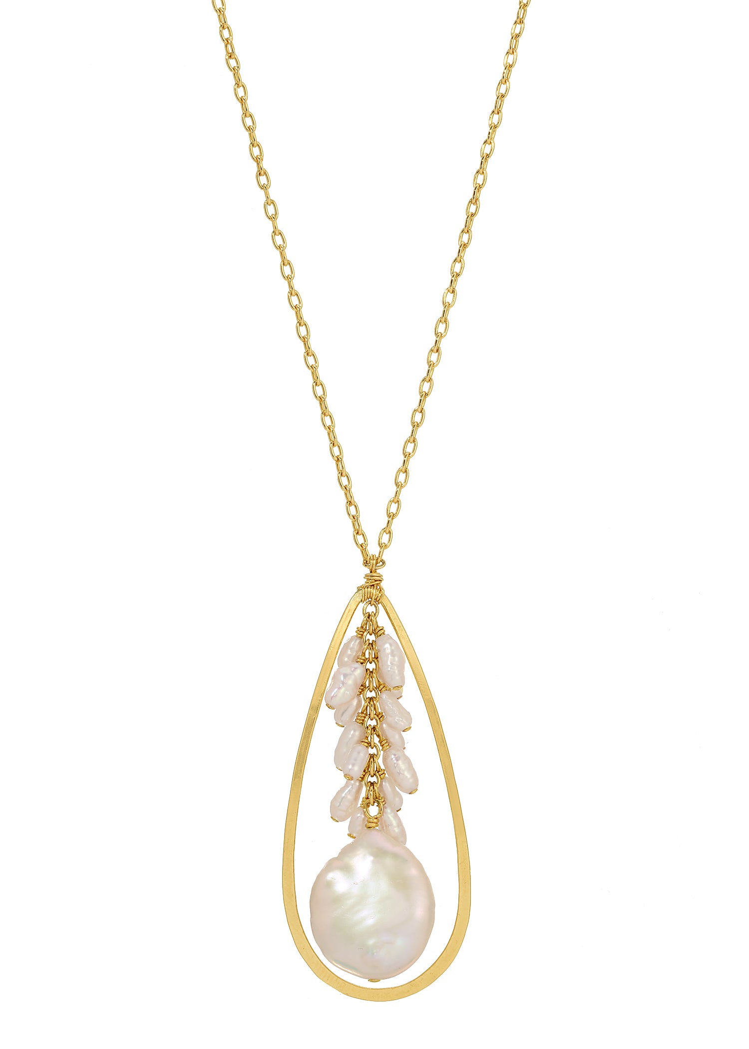 Freshwater pearl tassel necklace in 14k gold fill with cascading rice pearls and a coin pearl in a teardrop frame.