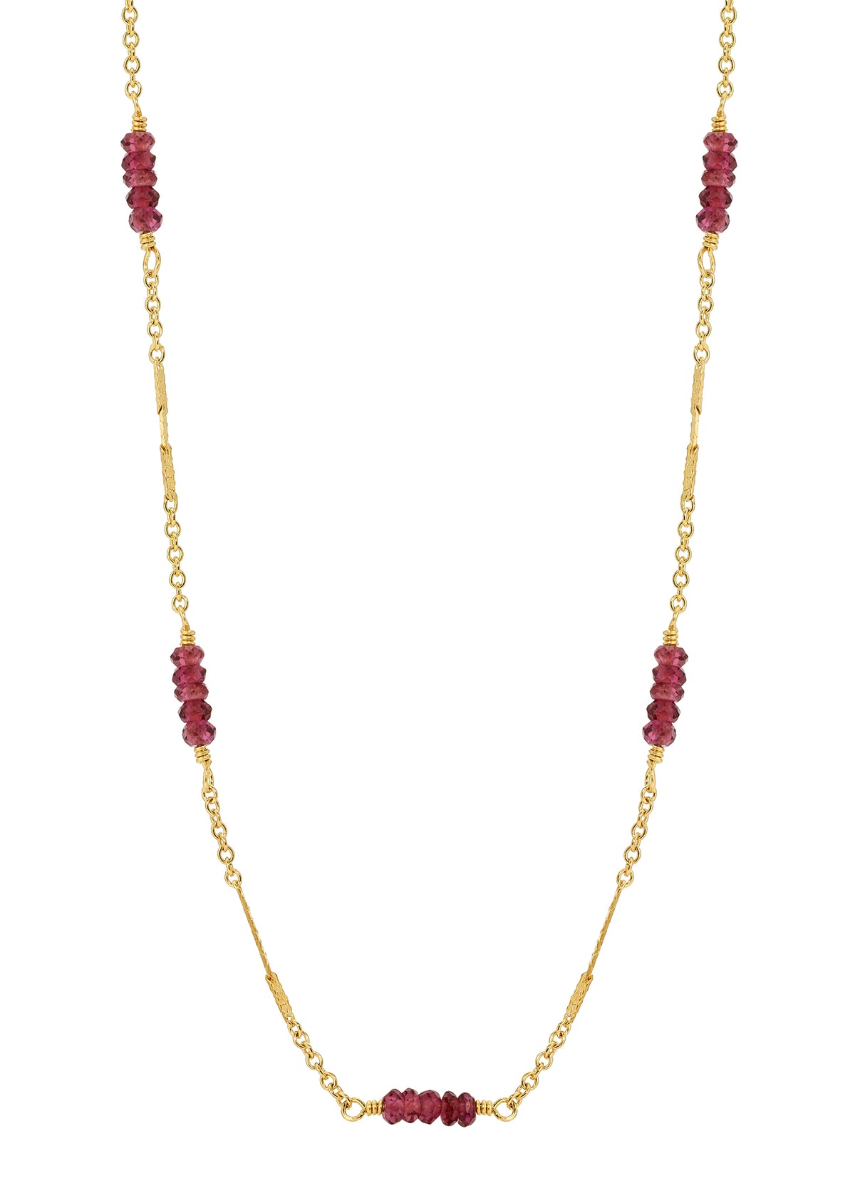 Garnet necklace with 14k gold fill chain featuring hand wire-wrapped purple garnet sections, 16 inches in length.