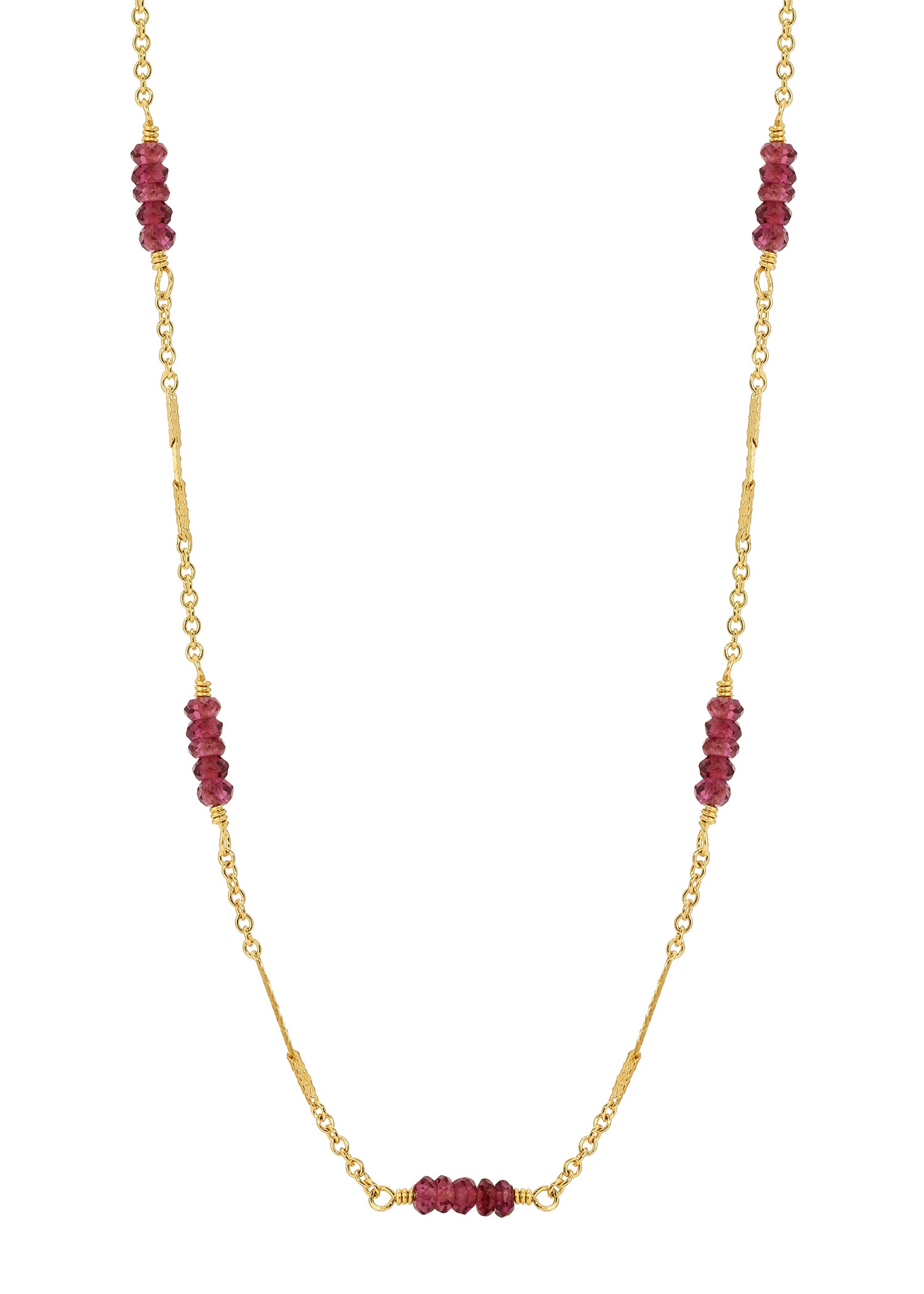 Garnet necklace with 14k gold fill chain featuring hand wire-wrapped purple garnet sections, 16 inches in length.