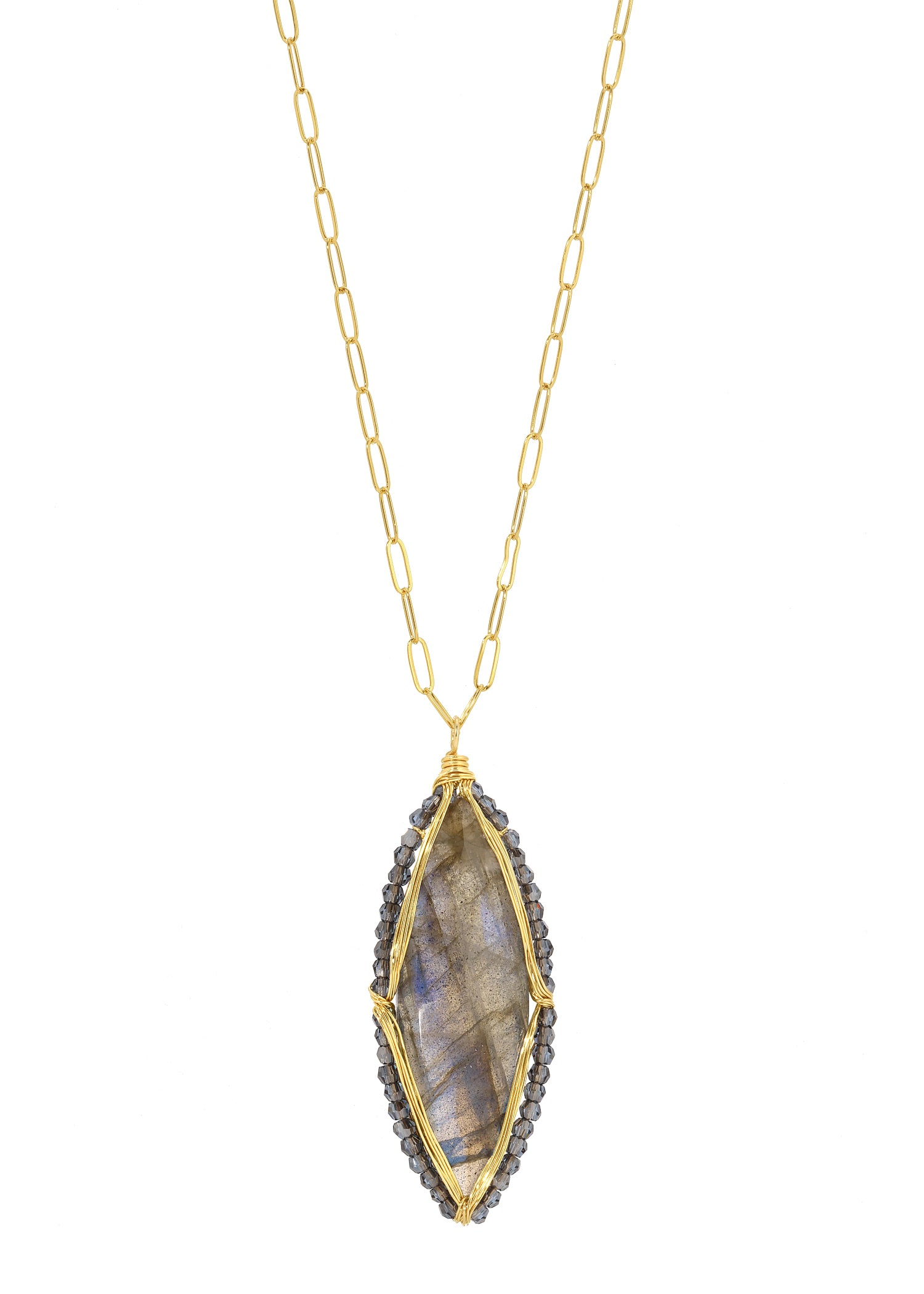 Labradorite necklace with 14k gold fill wire-wrapped frame and charcoal crystals on a long paperclip chain.