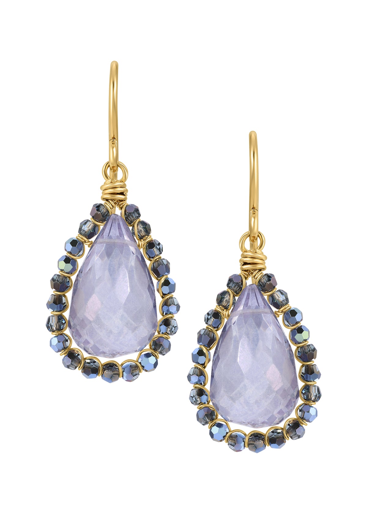 Purple quartz earrings in 14k gold fill with hand wire-wrapped teardrop stones and small purple crystal accents.