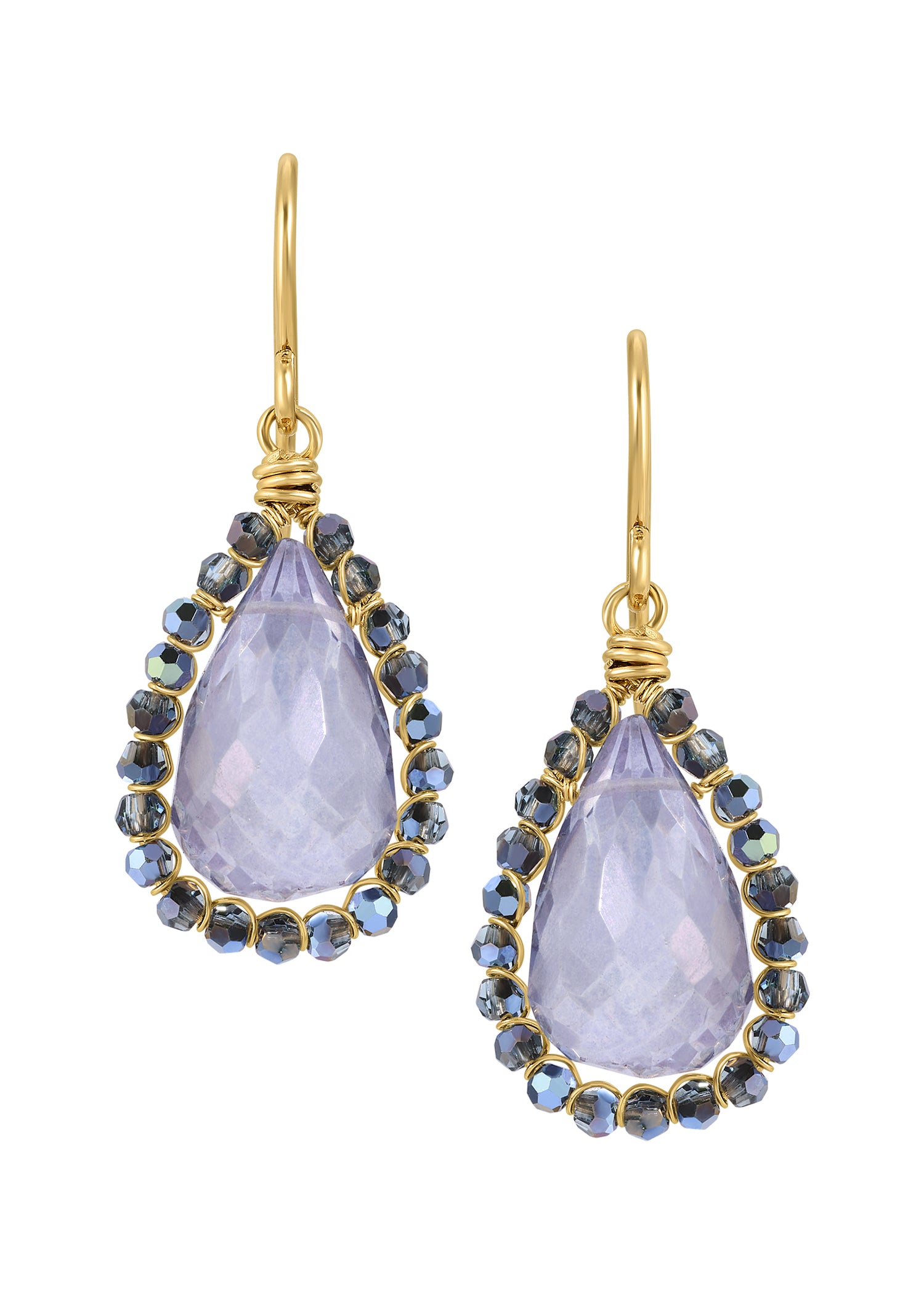 Purple quartz earrings in 14k gold fill with hand wire-wrapped teardrop stones and small purple crystal accents.