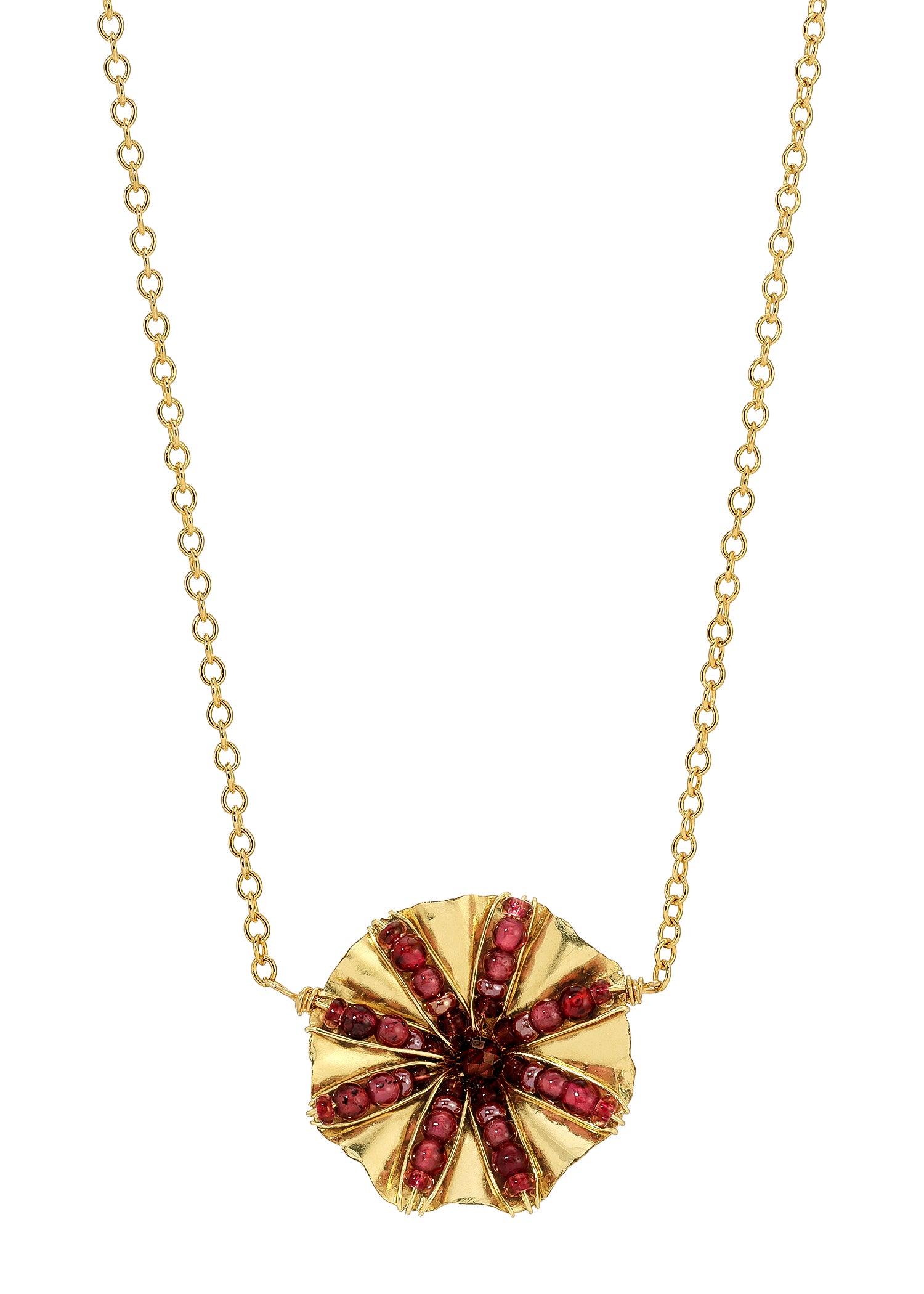Garnet seed bead necklace with a hand-ruffled 14k gold fill pendant on a chain.