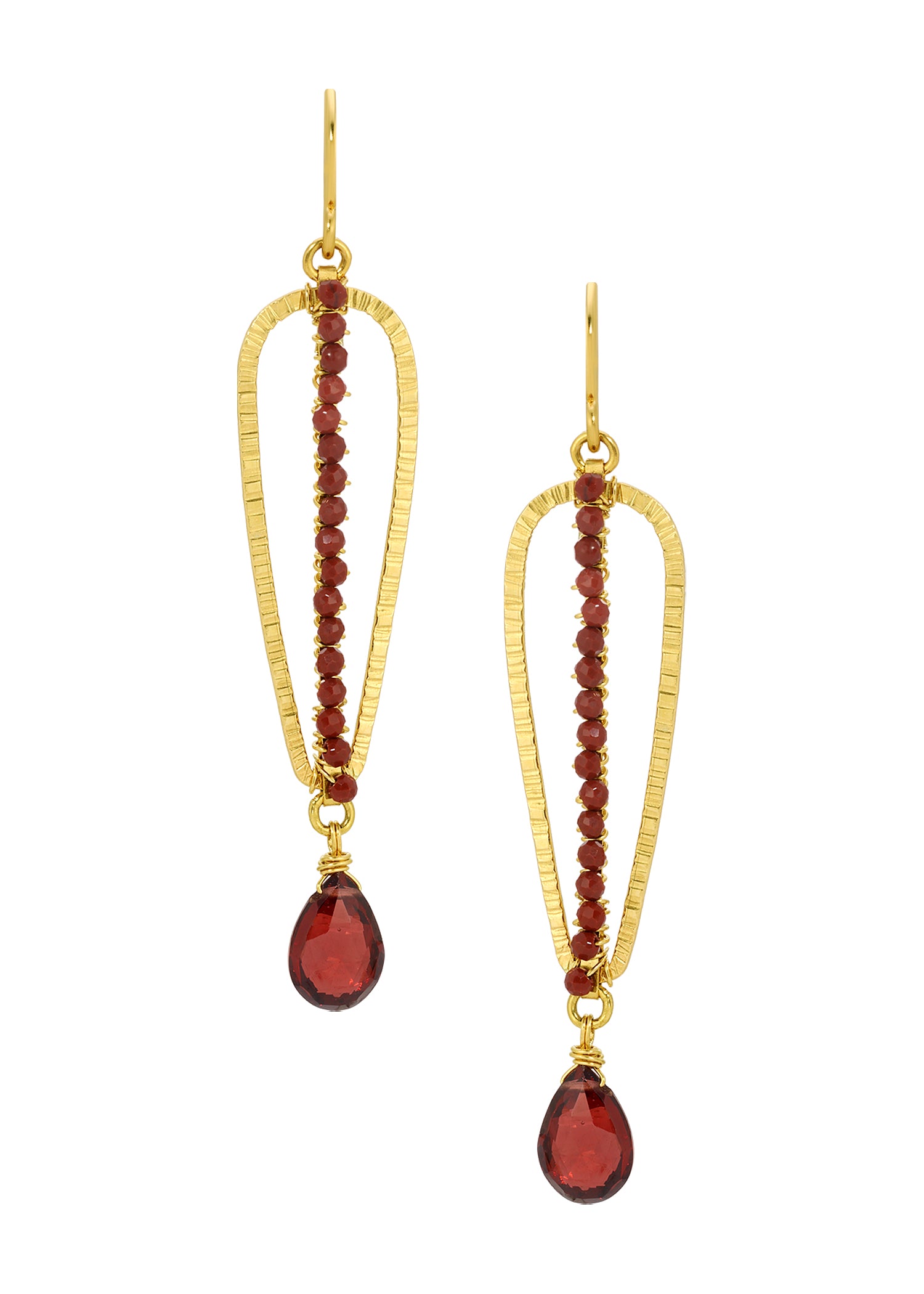 Inverted teardrop earrings with red jasper and garnet in 14k gold fill with hand wire-wrapped details.