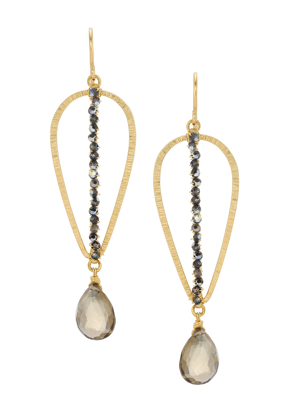 Whiskey quartz briolette earrings in 14k gold fill with hand-textured inverted teardrop hoops and metallic crystal stripes.