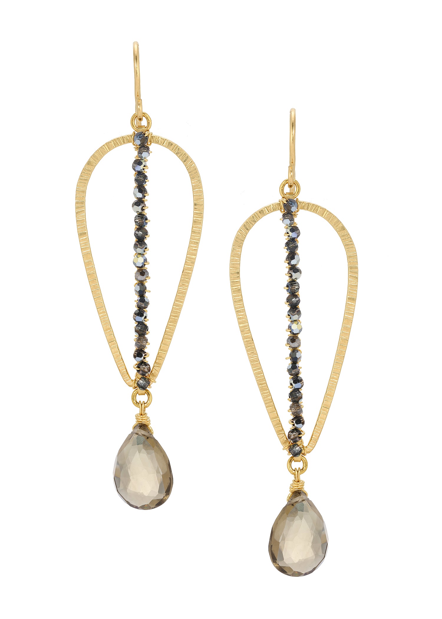 Whiskey quartz briolette earrings in 14k gold fill with hand-textured inverted teardrop hoops and metallic crystal stripes.