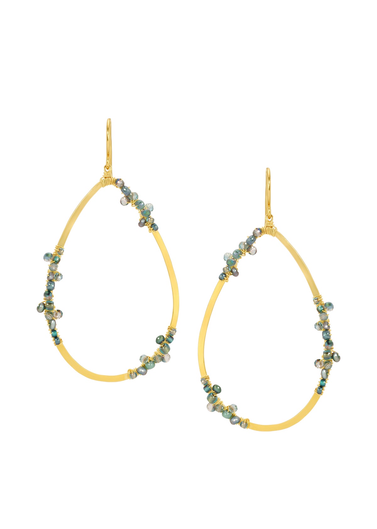 Teardrop hoop earrings with crystal, seed pearl, and seed beads, hand wire-wrapped on 14k gold fill in evergreen tones.