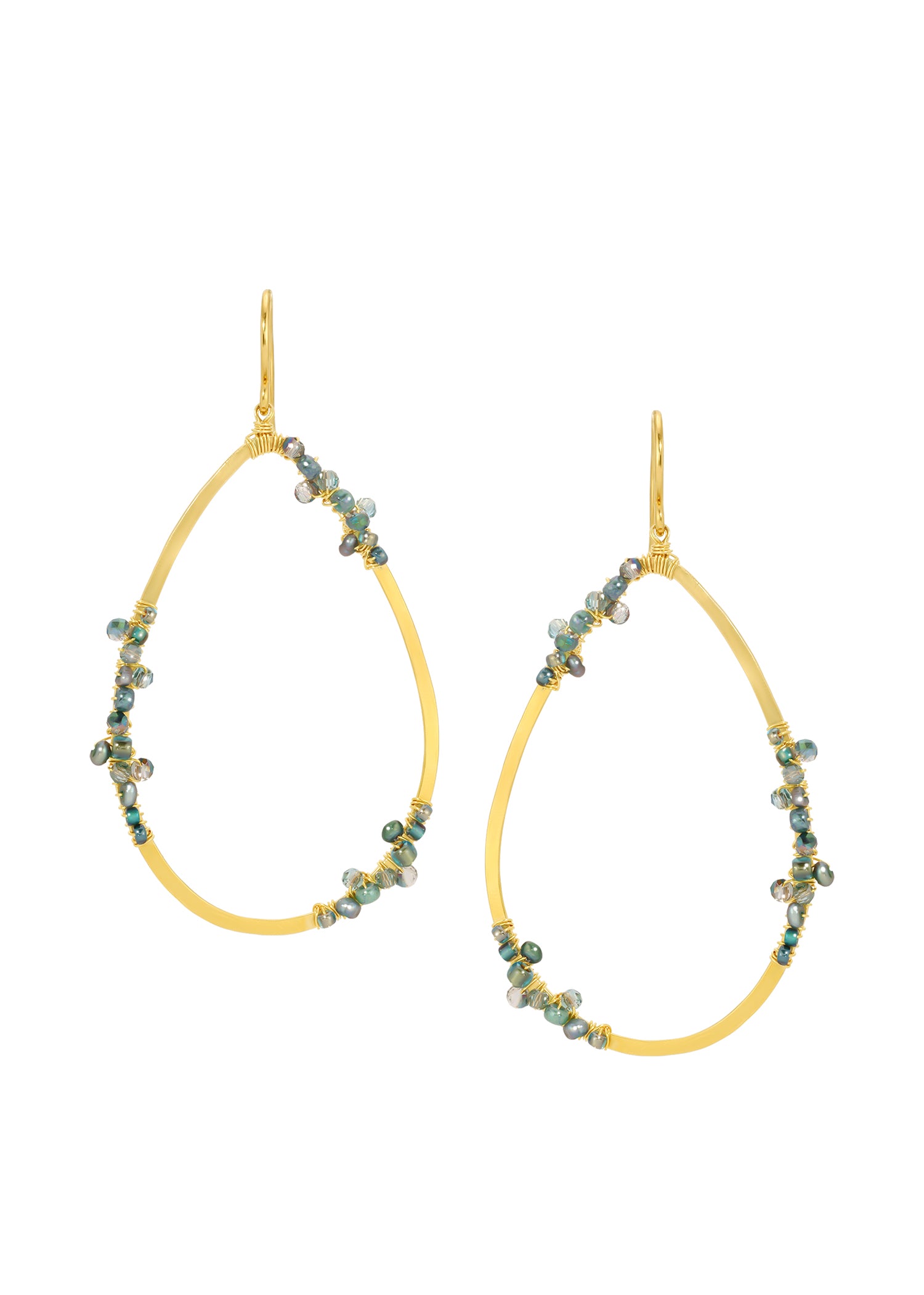 Teardrop hoop earrings with crystal, seed pearl, and seed beads, hand wire-wrapped on 14k gold fill in evergreen tones.