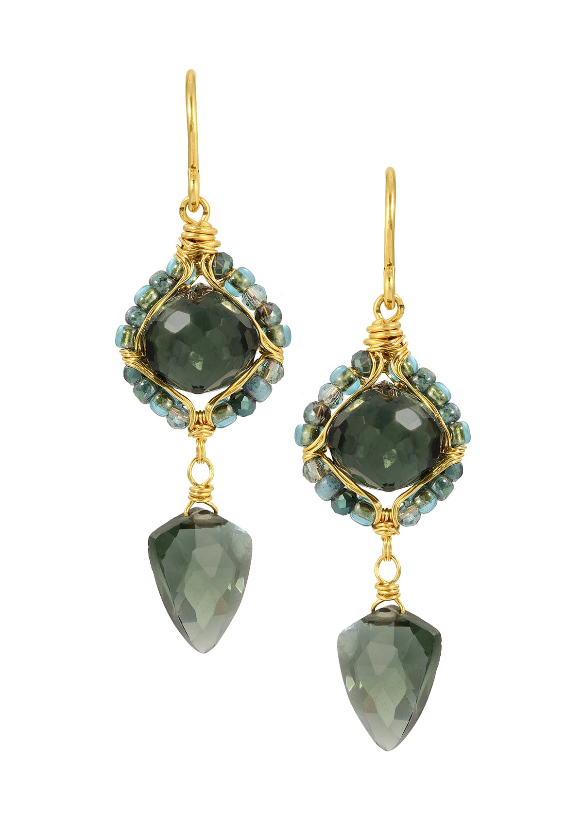 Green quartz double drop earrings with hand wire-wrapped 14k gold fill, green seed beads, and teardrop-shaped crystals.