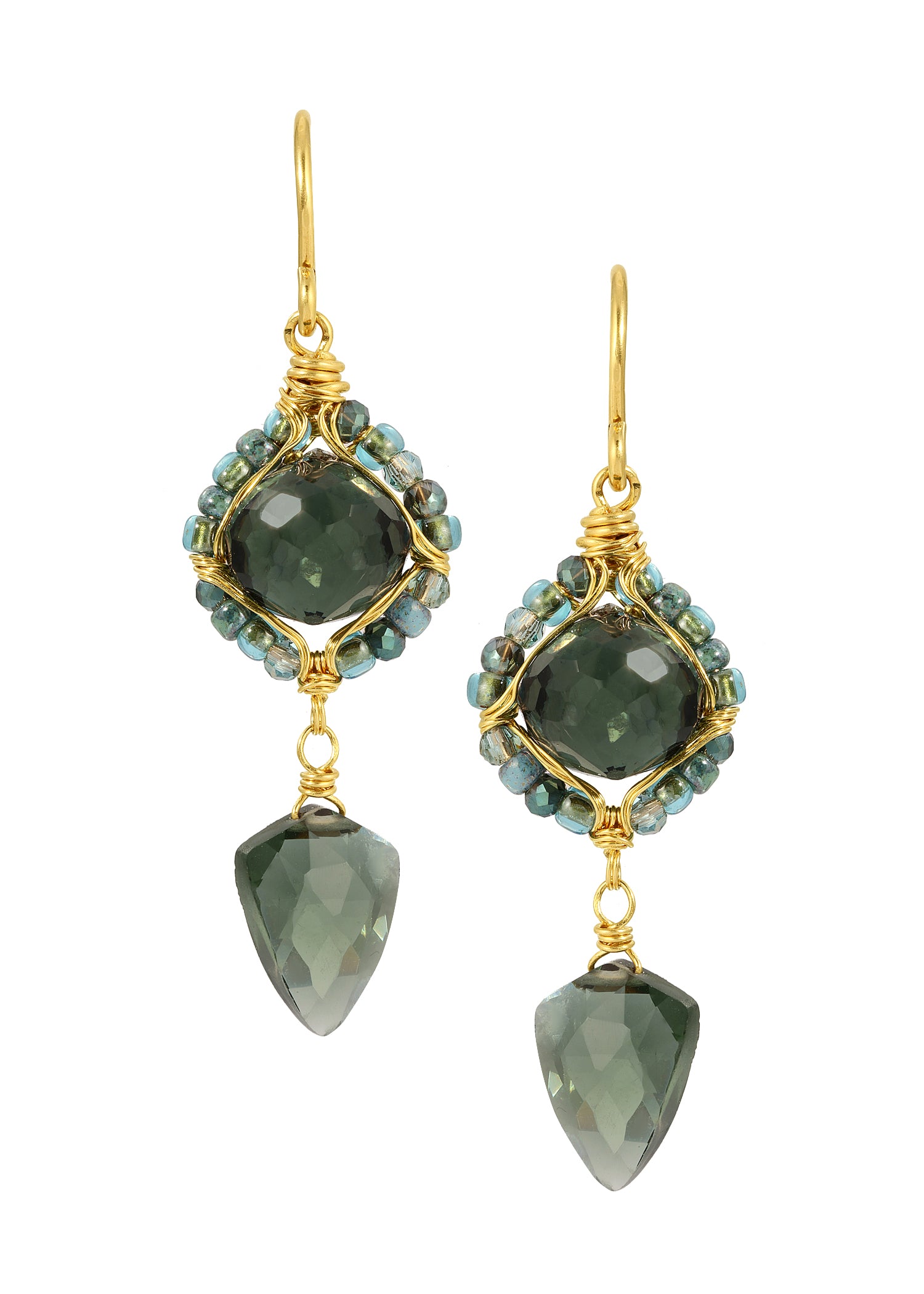 Green quartz double drop earrings with hand wire-wrapped 14k gold fill, green seed beads, and teardrop-shaped crystals.
