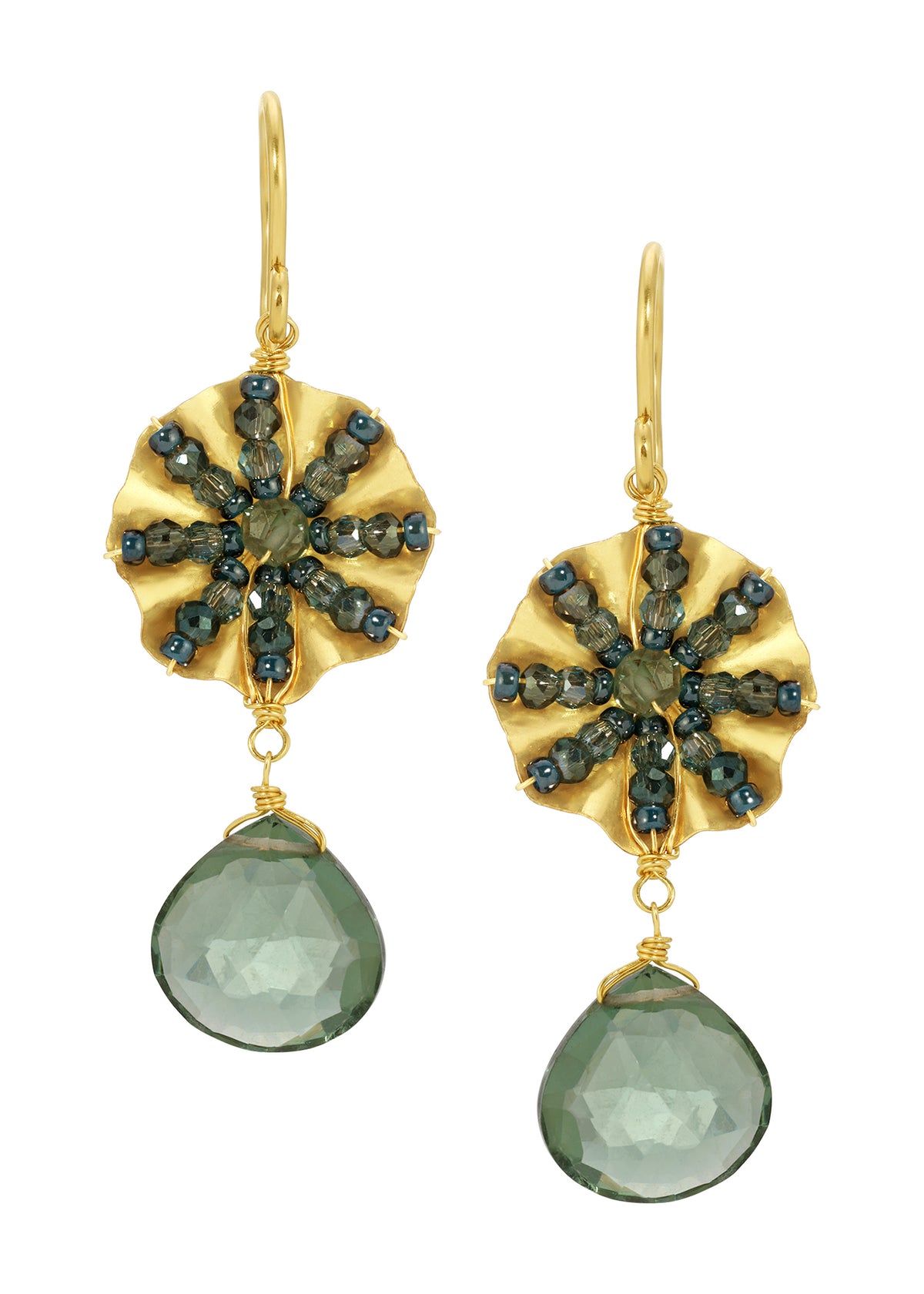 Drop earrings with green quartz and apatite, 14k gold fill, hand wire-wrapped with ruffled flower and teardrop shapes.