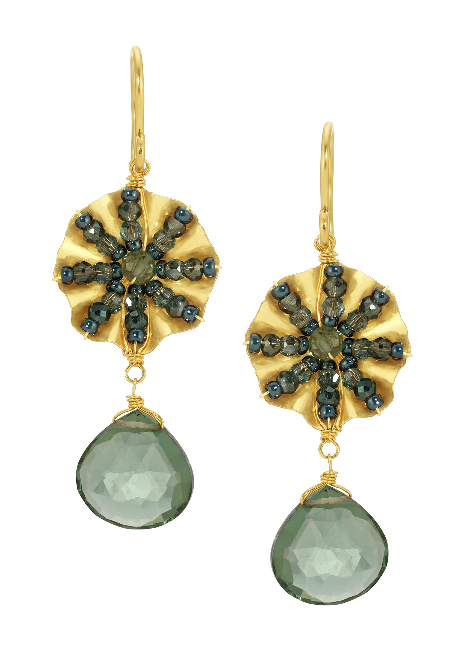 Drop earrings with green quartz and apatite, 14k gold fill, hand wire-wrapped with ruffled flower and teardrop shapes.