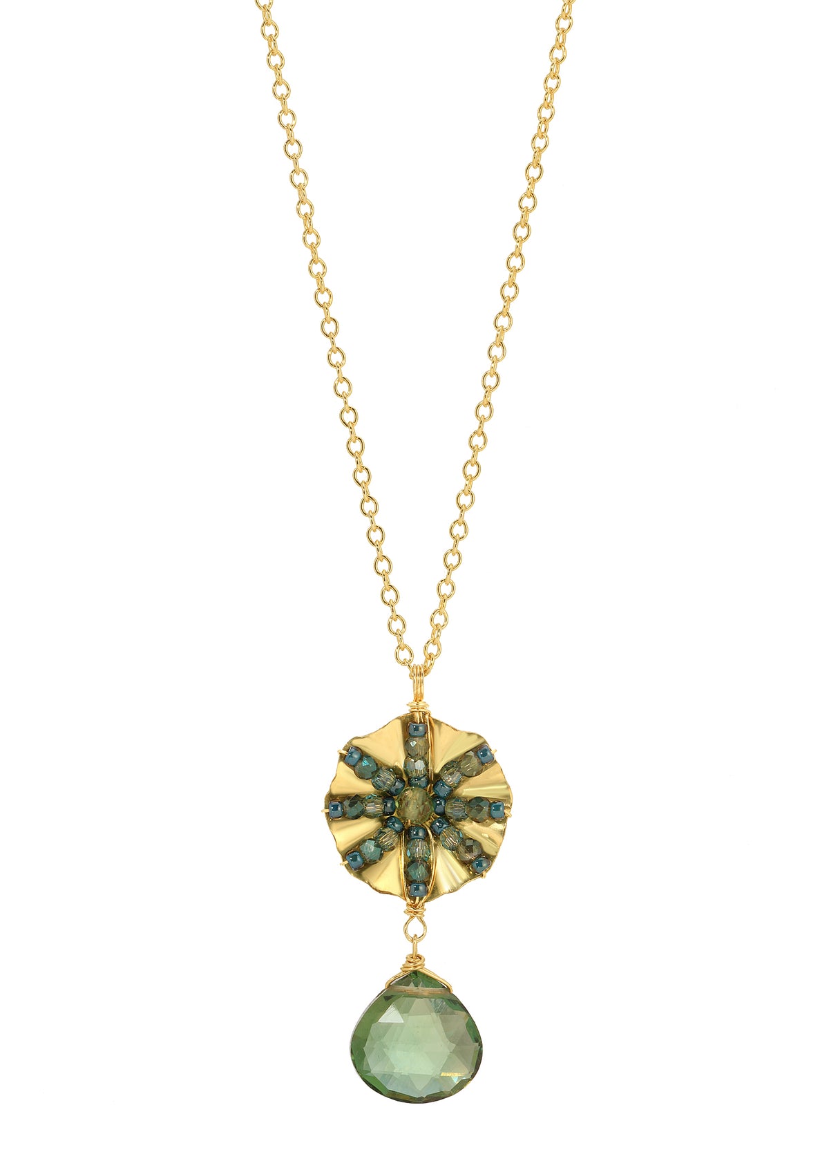 Drop necklace with green quartz and apatite, 14k gold fill chain, and hand wire-wrapped flower pendant on white background.