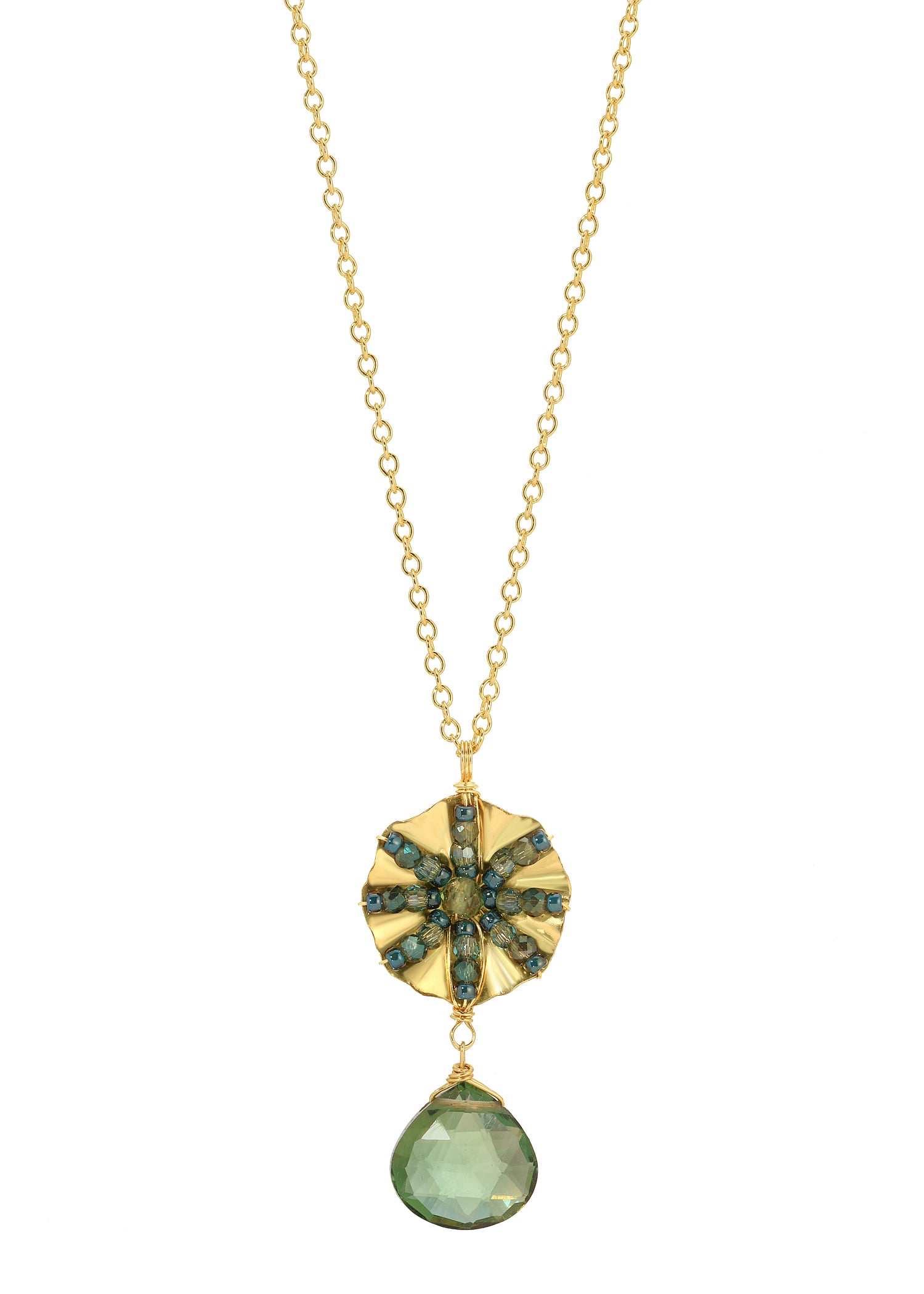 Drop necklace with green quartz and apatite, 14k gold fill chain, and hand wire-wrapped flower pendant on white background.