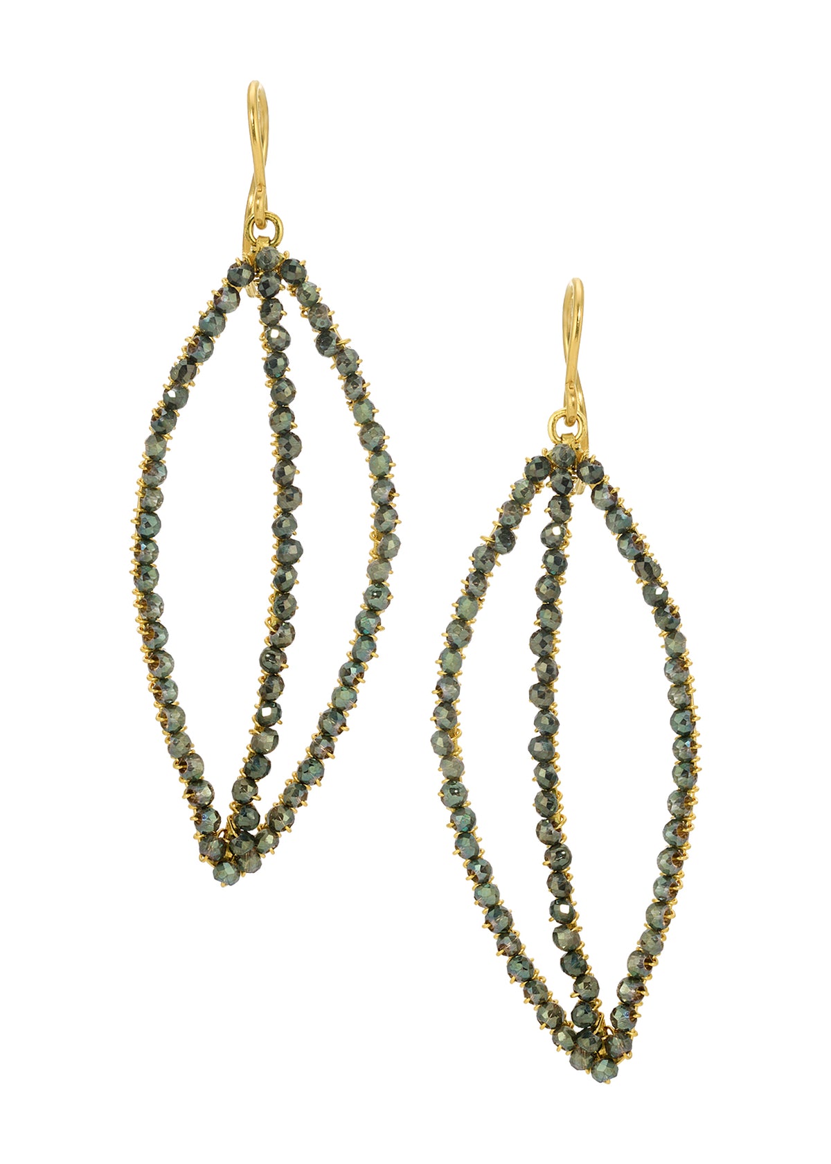 Crystal drop earrings in 14k gold fill with tapered, hand wire-wrapped shimmering crystal leaf shapes.
