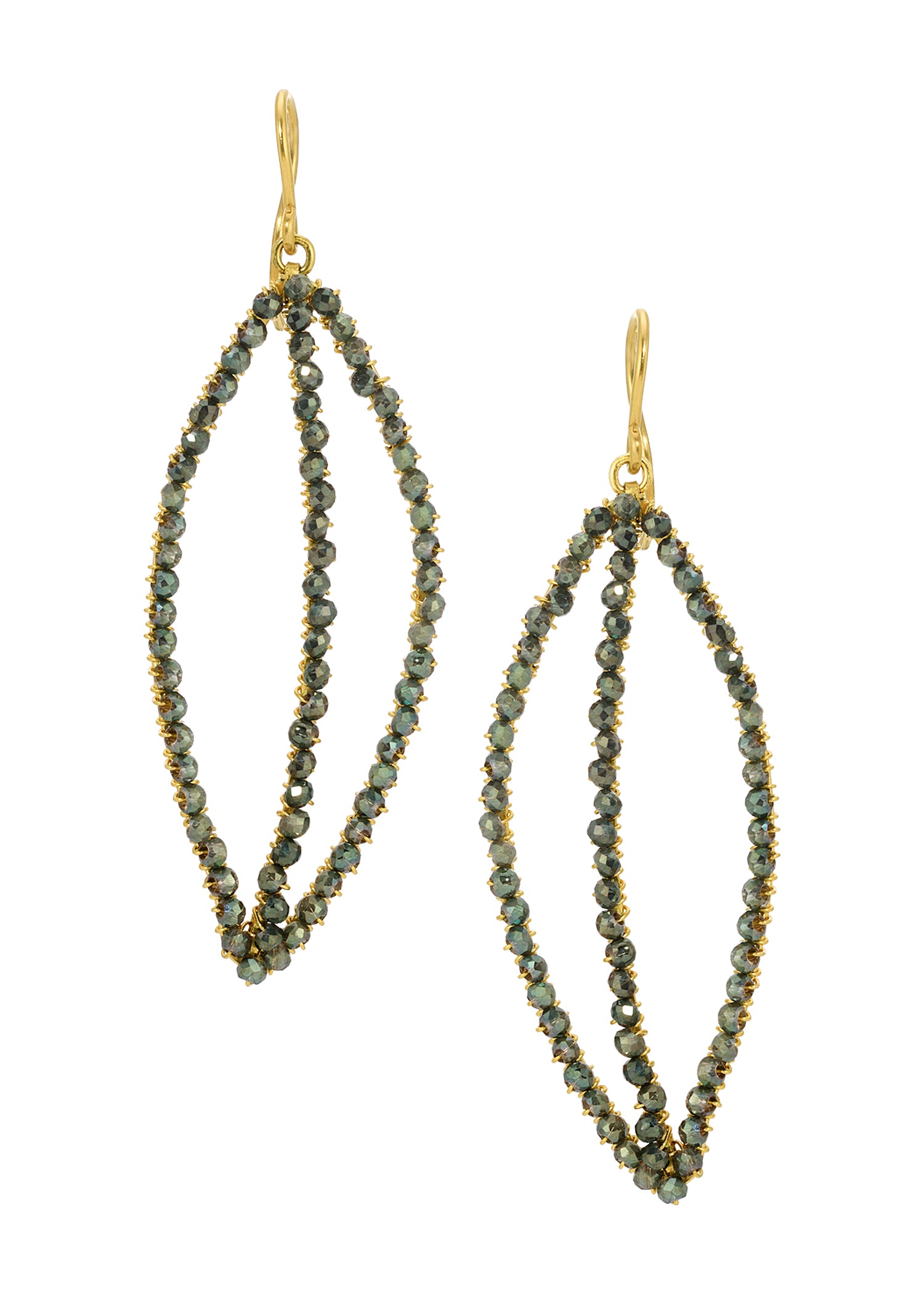 Crystal drop earrings in 14k gold fill with tapered, hand wire-wrapped shimmering crystal leaf shapes.