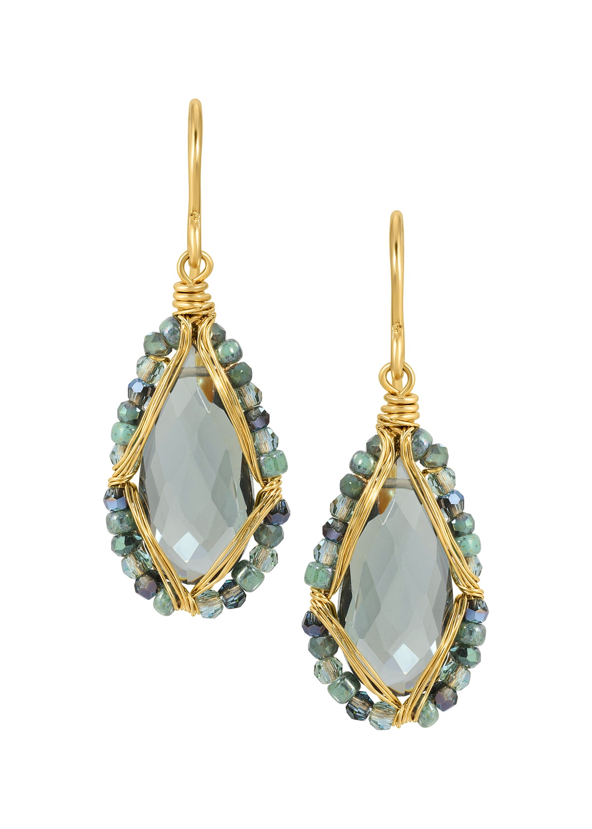 Teardrop earrings with dark green quartz, hand wire-wrapped in 14k gold fill with green crystal seed beads.
