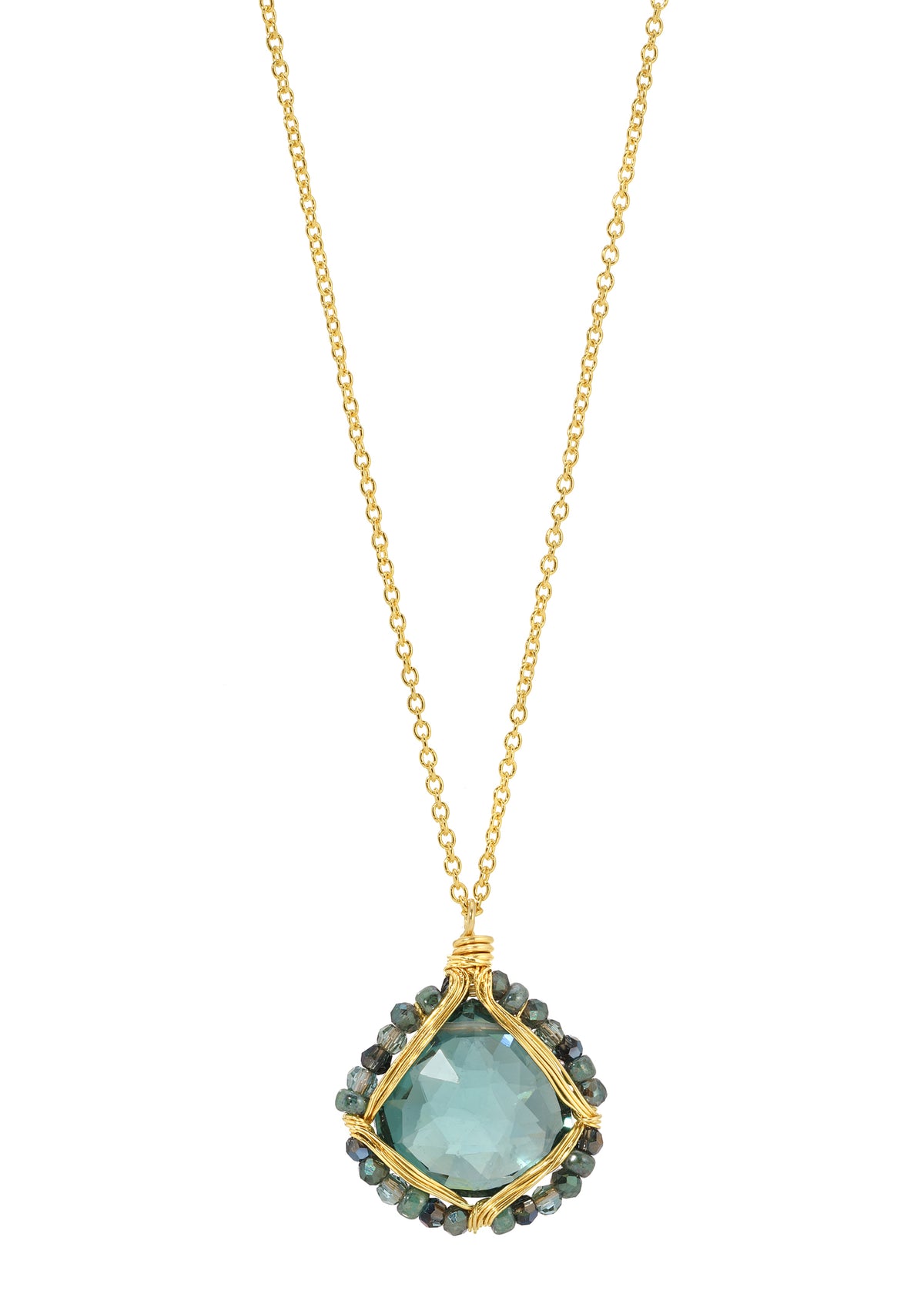 Teardrop necklace with aqua quartz, hand wire-wrapped in 14k gold fill with evergreen seed beads on a 17-inch chain.