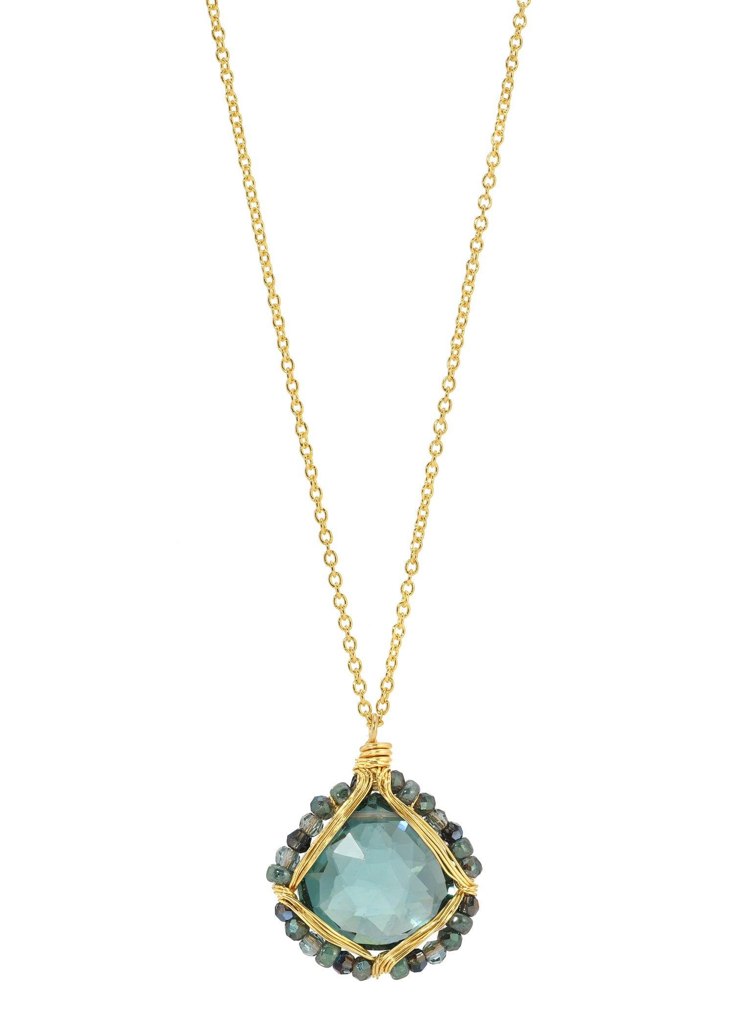 Teardrop necklace with aqua quartz, hand wire-wrapped in 14k gold fill with evergreen seed beads on a 17-inch chain.