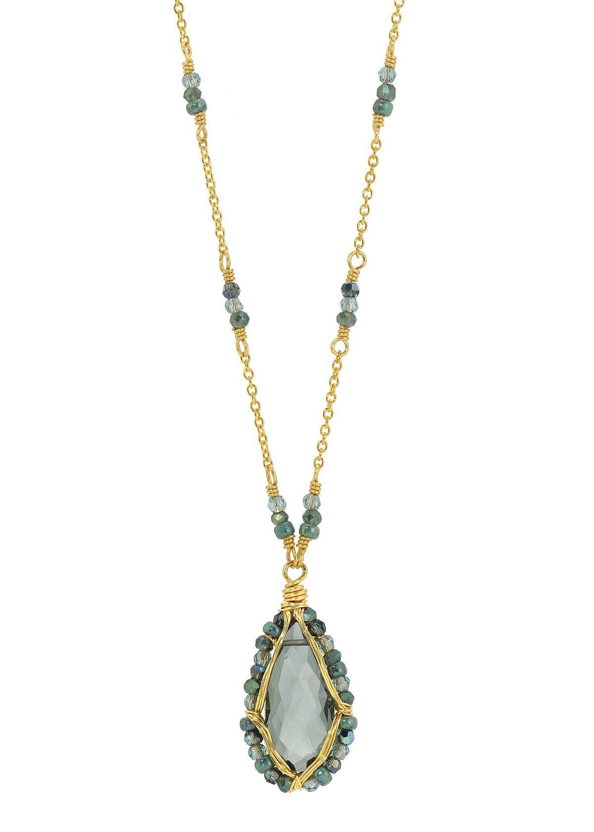 Teardrop necklace with green quartz, 14k gold fill chain, and hand wire-wrapped seed beads in dark evergreen shades.