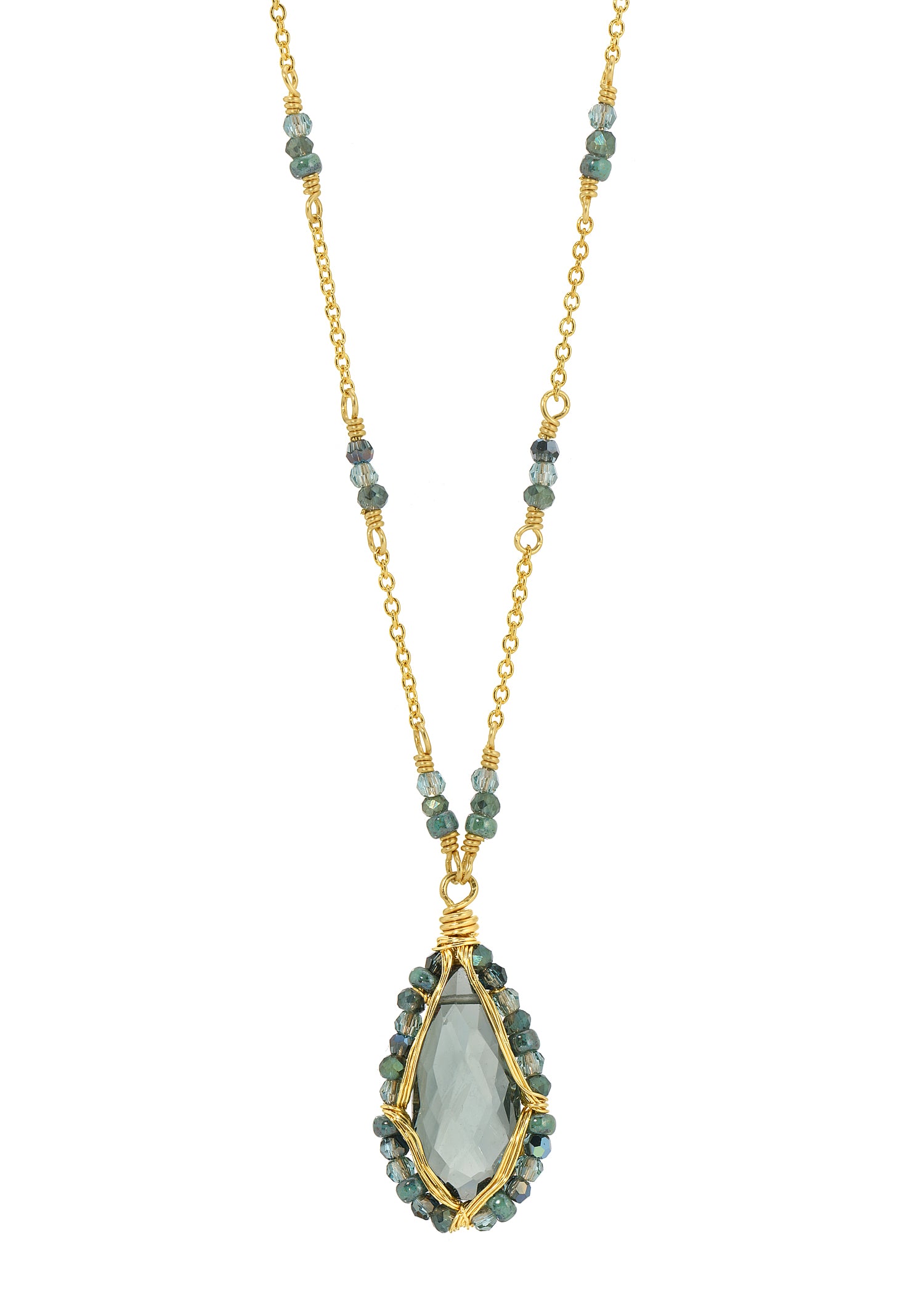 Teardrop necklace with green quartz, 14k gold fill chain, and hand wire-wrapped seed beads in dark evergreen shades.