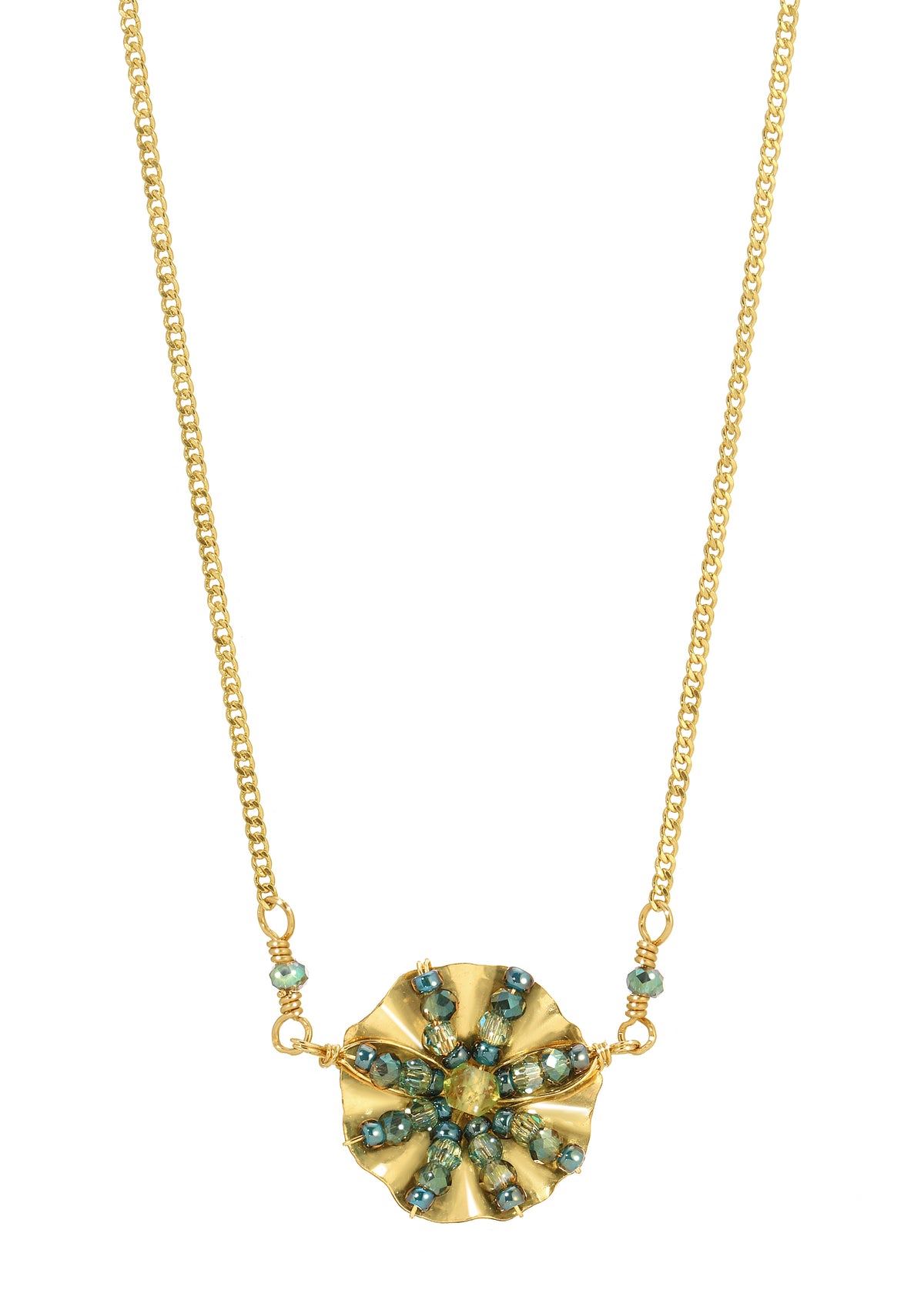 Green apatite necklace with 14k gold fill chain and hand-ruffled pendant featuring seed beads on a white background.