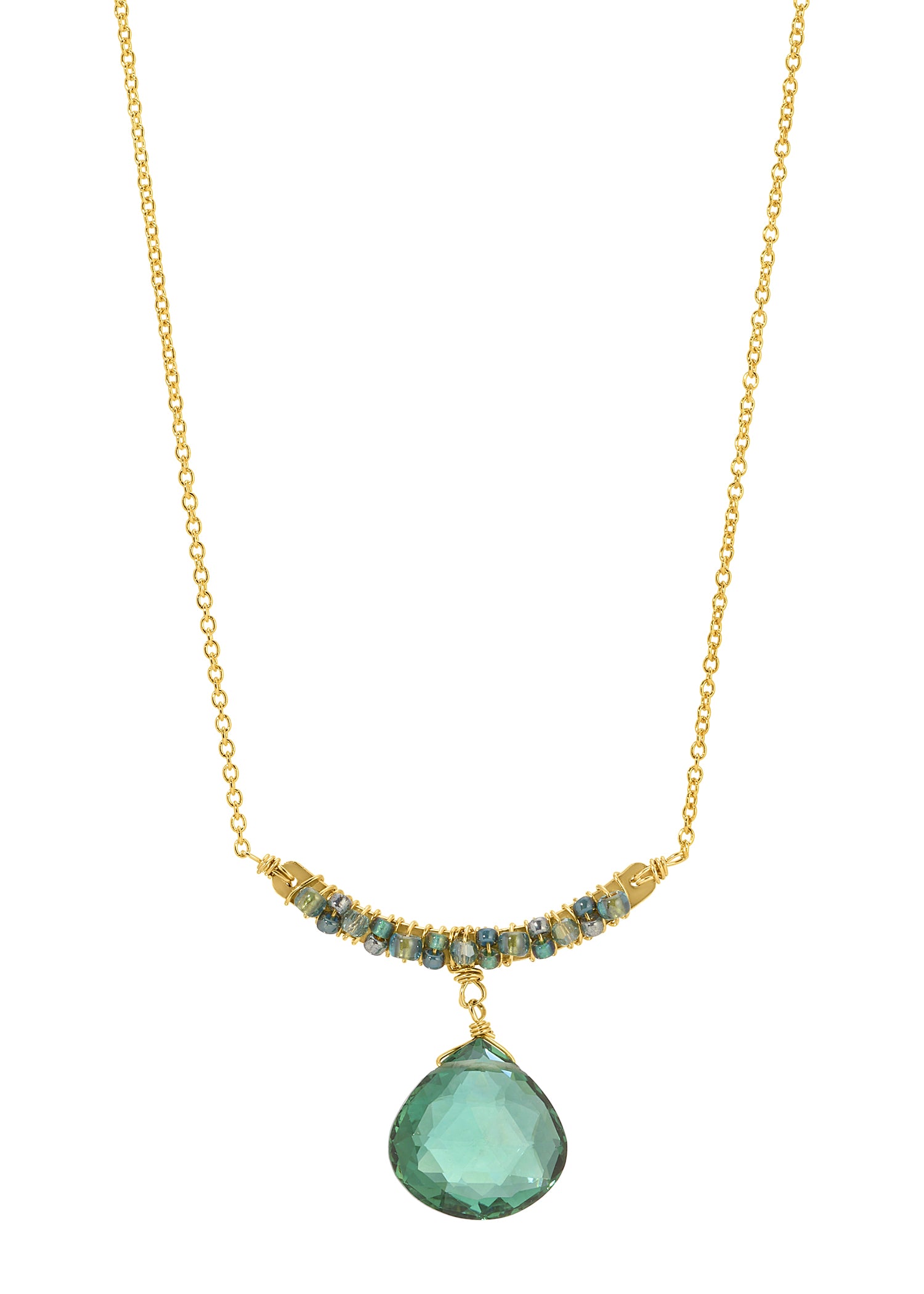 Teal quartz necklace with 14k gold fill chain, hand wire-wrapped pendant, and teal crystal seed beads.