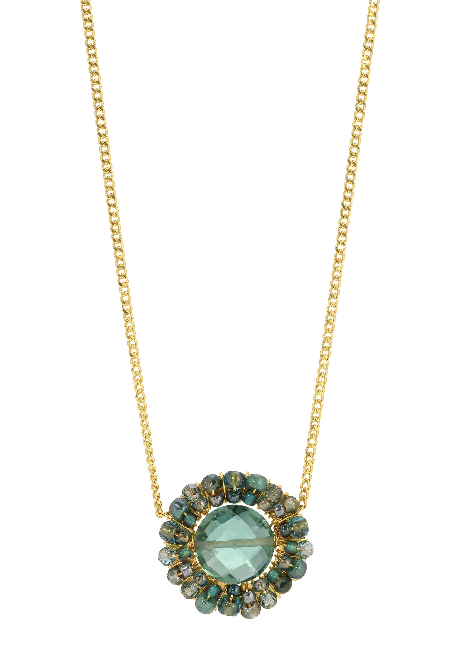 Teal quartz coin necklace with evergreen seed beads on a 14k gold fill curb chain.